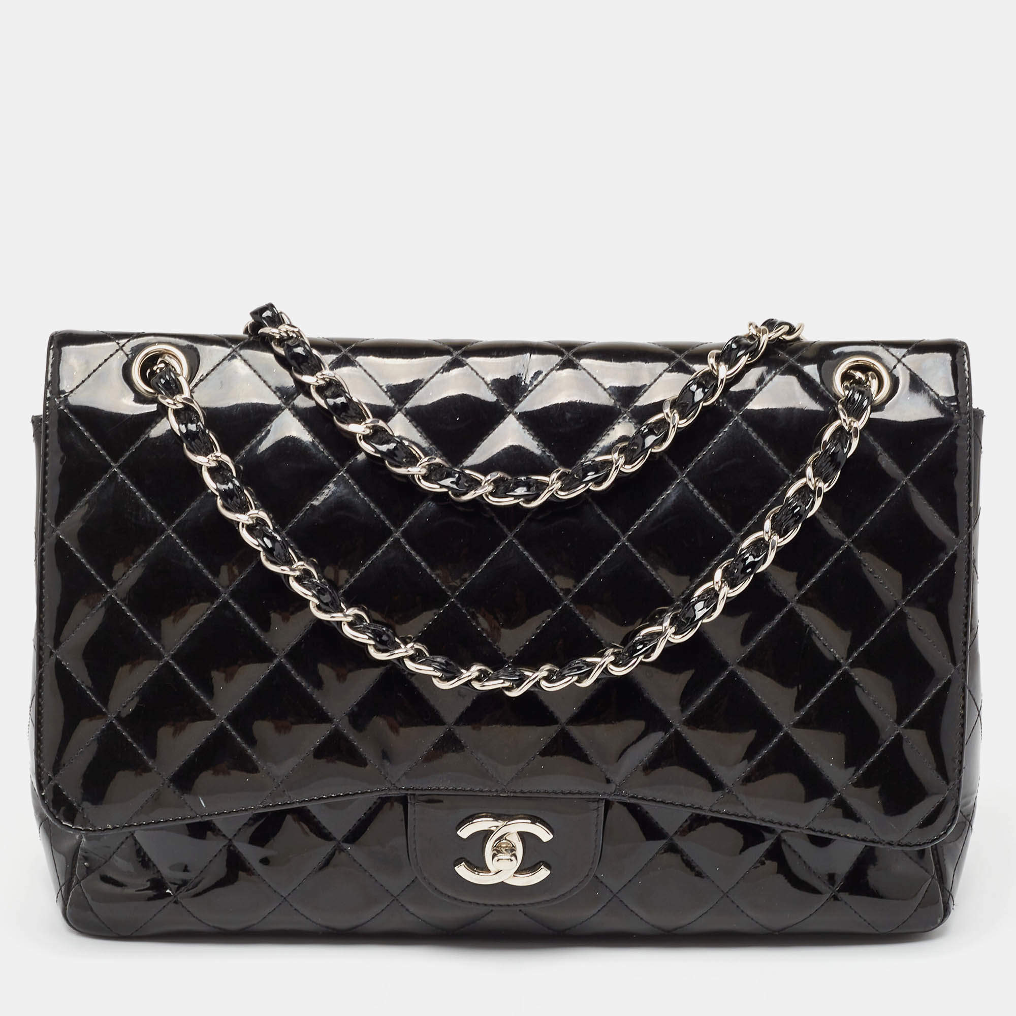 Pre Owned Chanel Black Quilted Patent Leather Maxi Classic Single Flap Bag