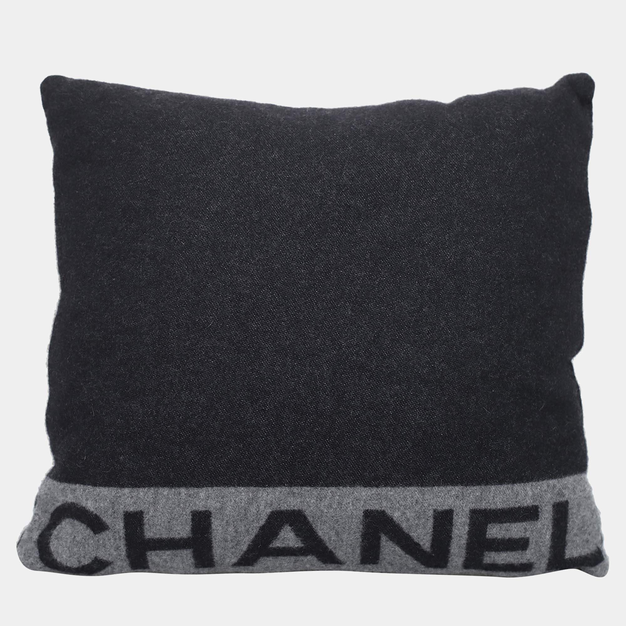 Chanel Black & Grey Wool & Cashmere Logo Pillow