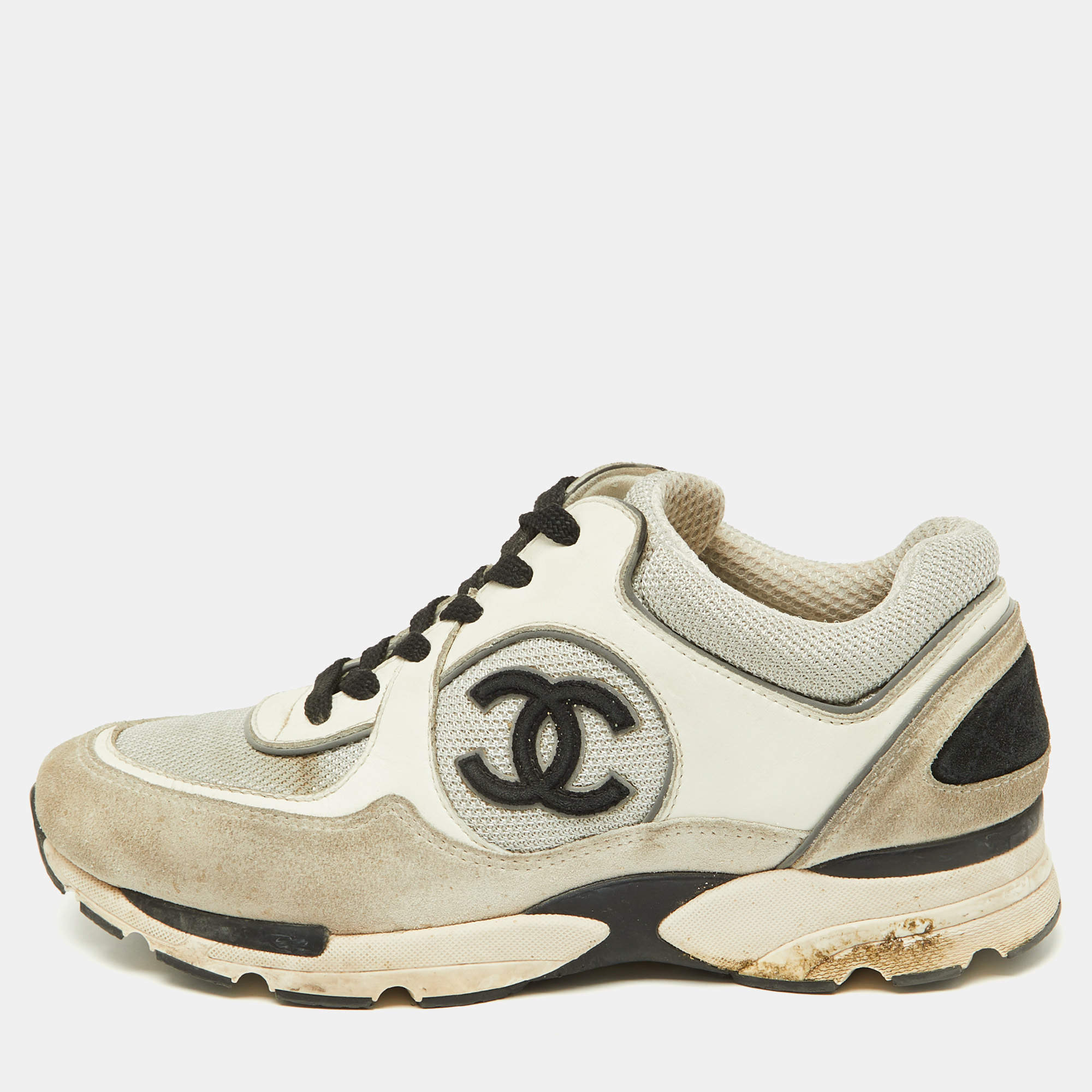 Pre Owned Chanel Tricolor Suede, Leather and Mesh CC Low Top Sneakers Size 38