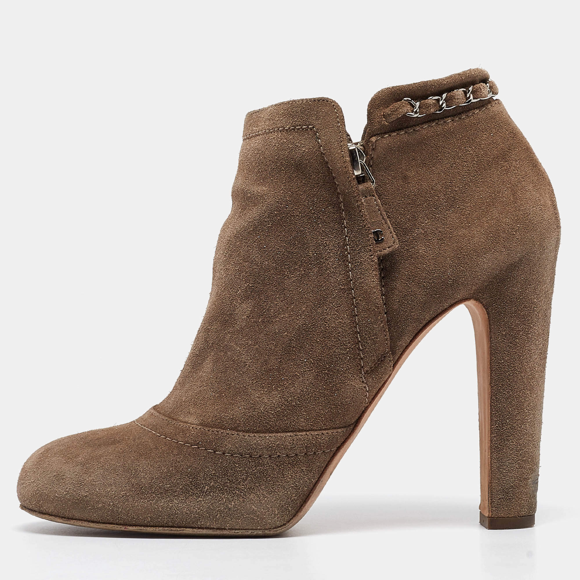 Chanel Brown Suede CC Logo Ankle Boots Size 41