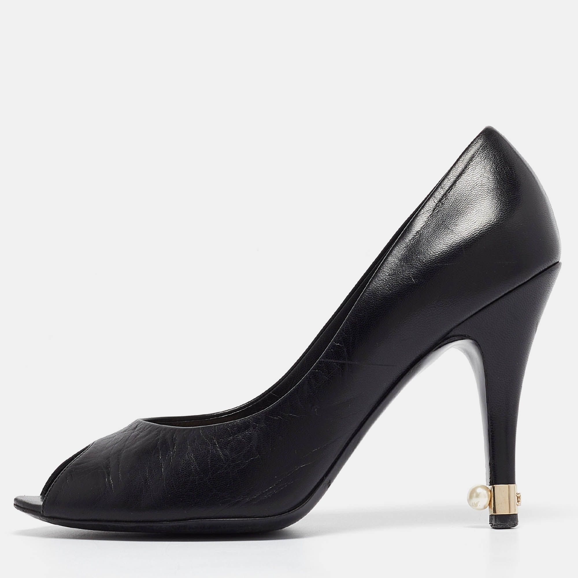 Pre Owned Chanel Black Leather Peep Toe Pumps Size 37.5