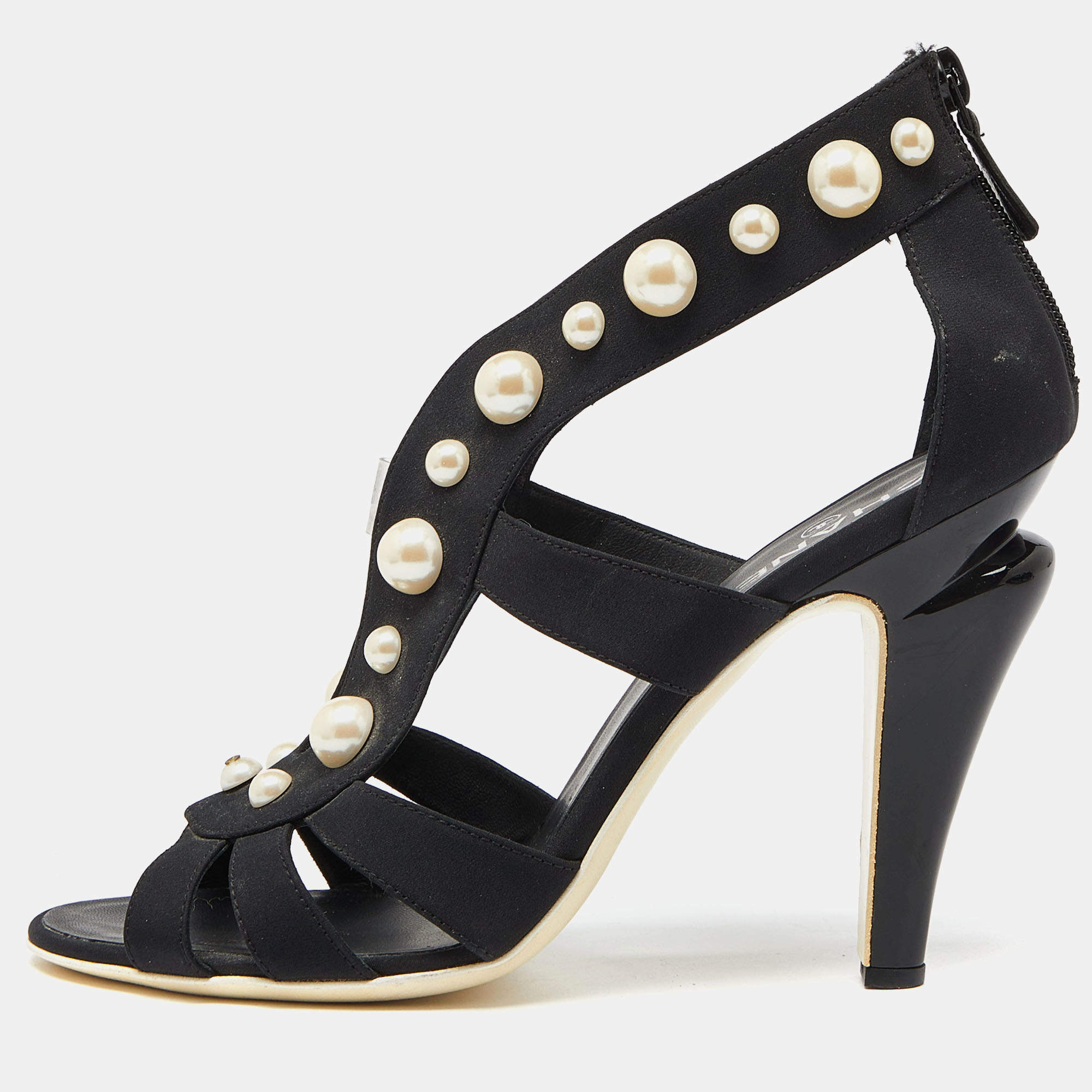 Chanel Black Fabric Faux Pearl Embellished Open-Toe Sandals Size 40