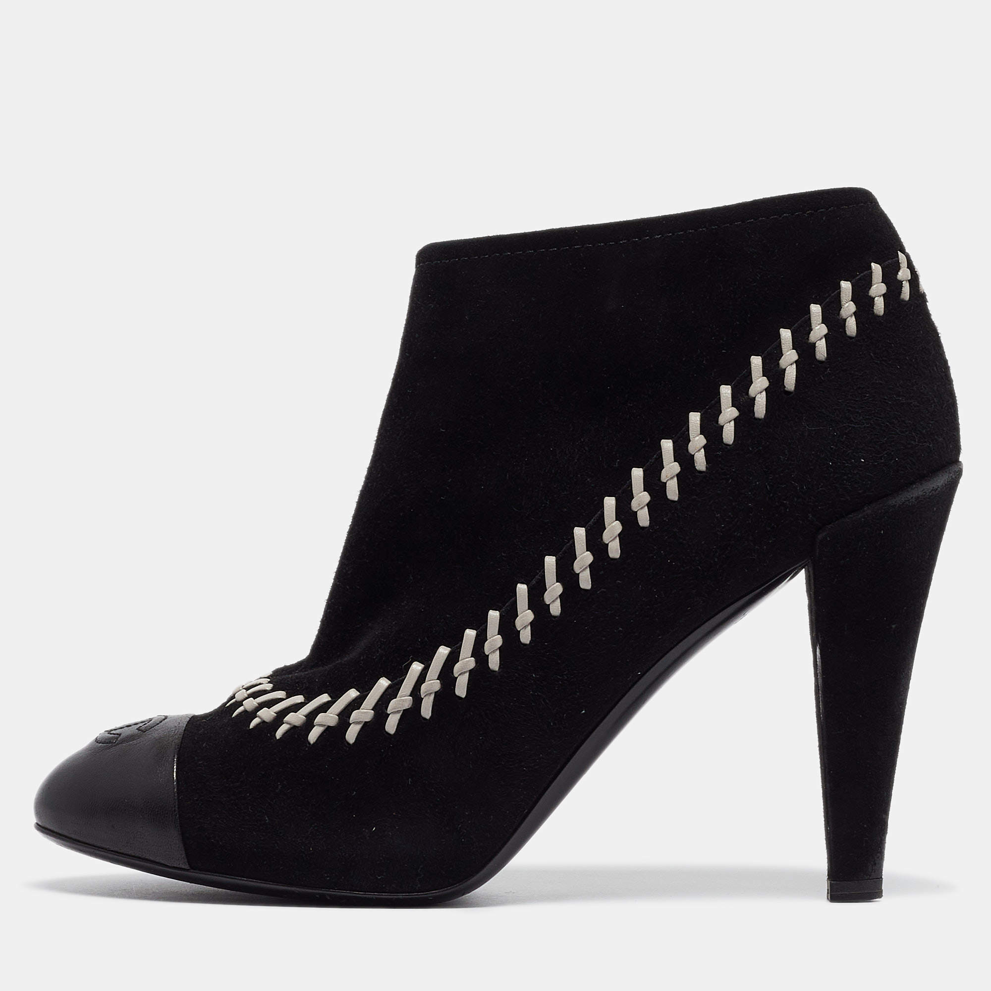 Chanel Black/White Whipstitch Suede CC Ankle Booties Size 41