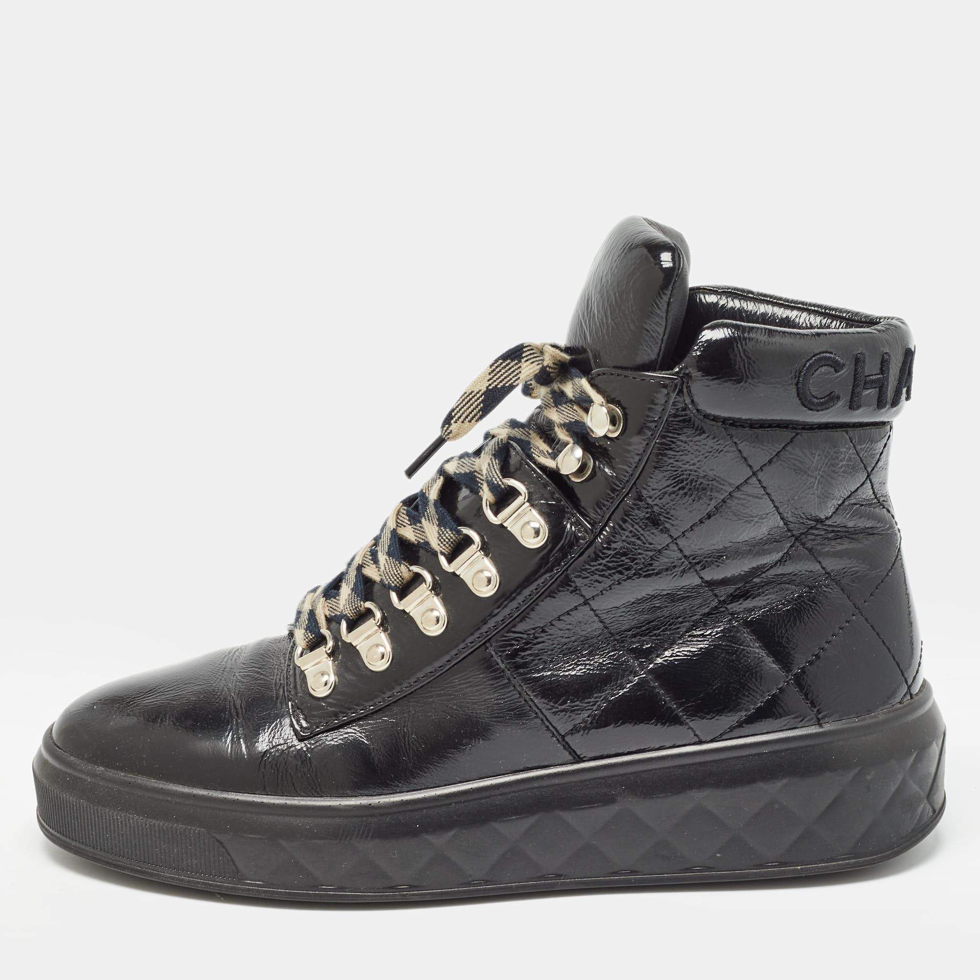 Pre Owned Chanel Black Quilted Patent Leather High Top Sneakers Size 38