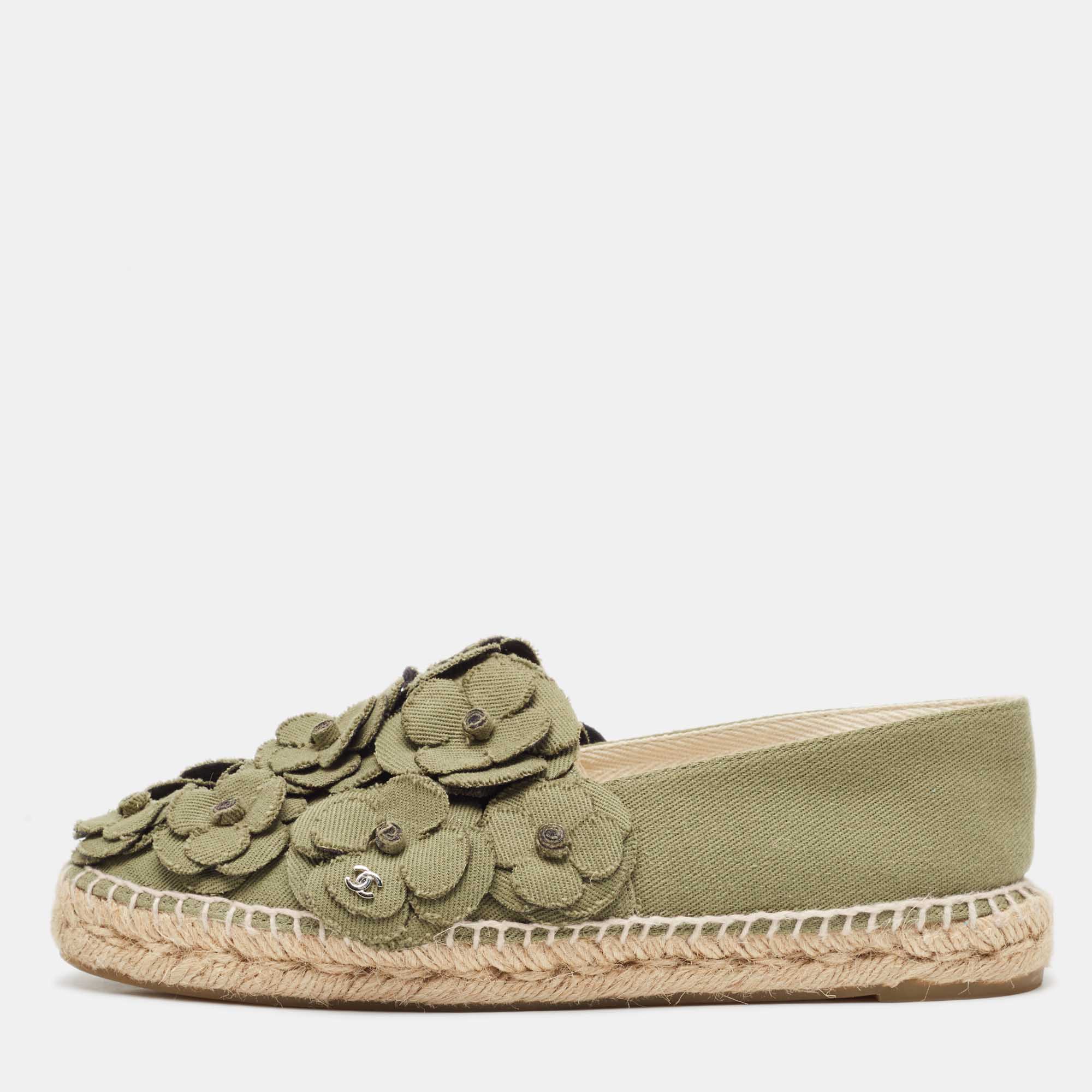 Chanel Army Green Canvas Camelia Espadrille Flats Size 40