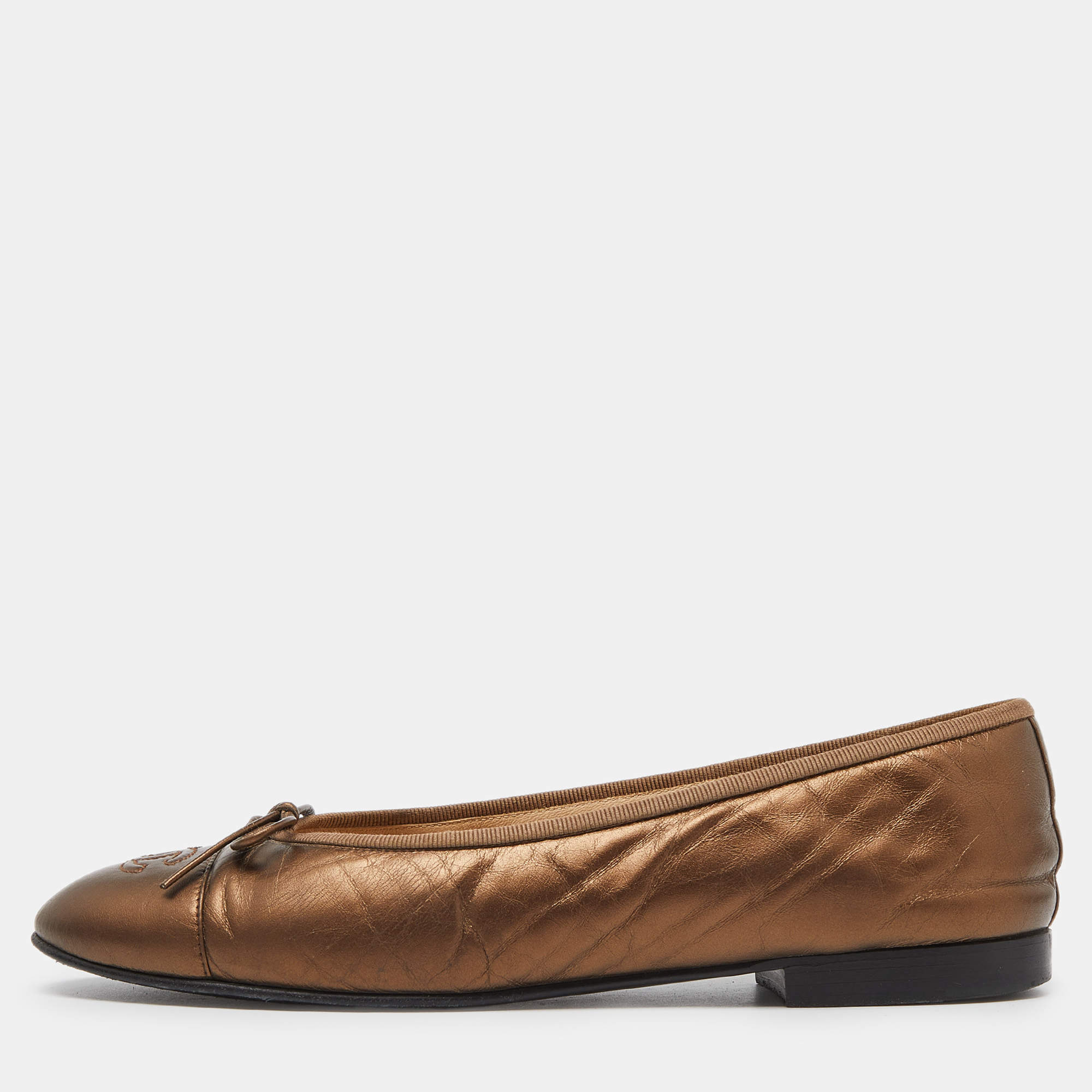 Pre Owned Chanel Brown Leather Bow CC Cap Toe Ballet Flats Size 39