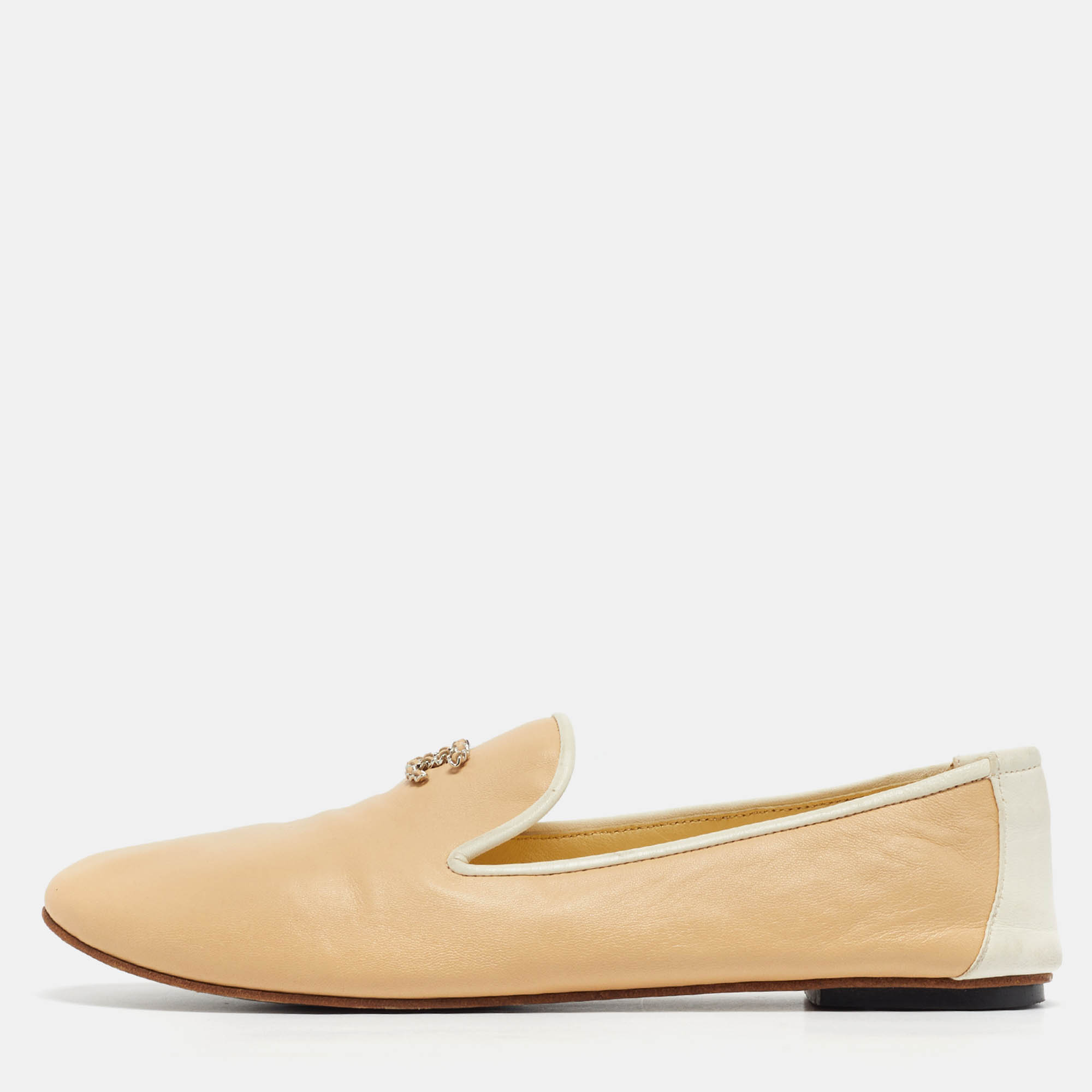 Chanel Beige/White Leather CC Smoking Slippers Size 39.5