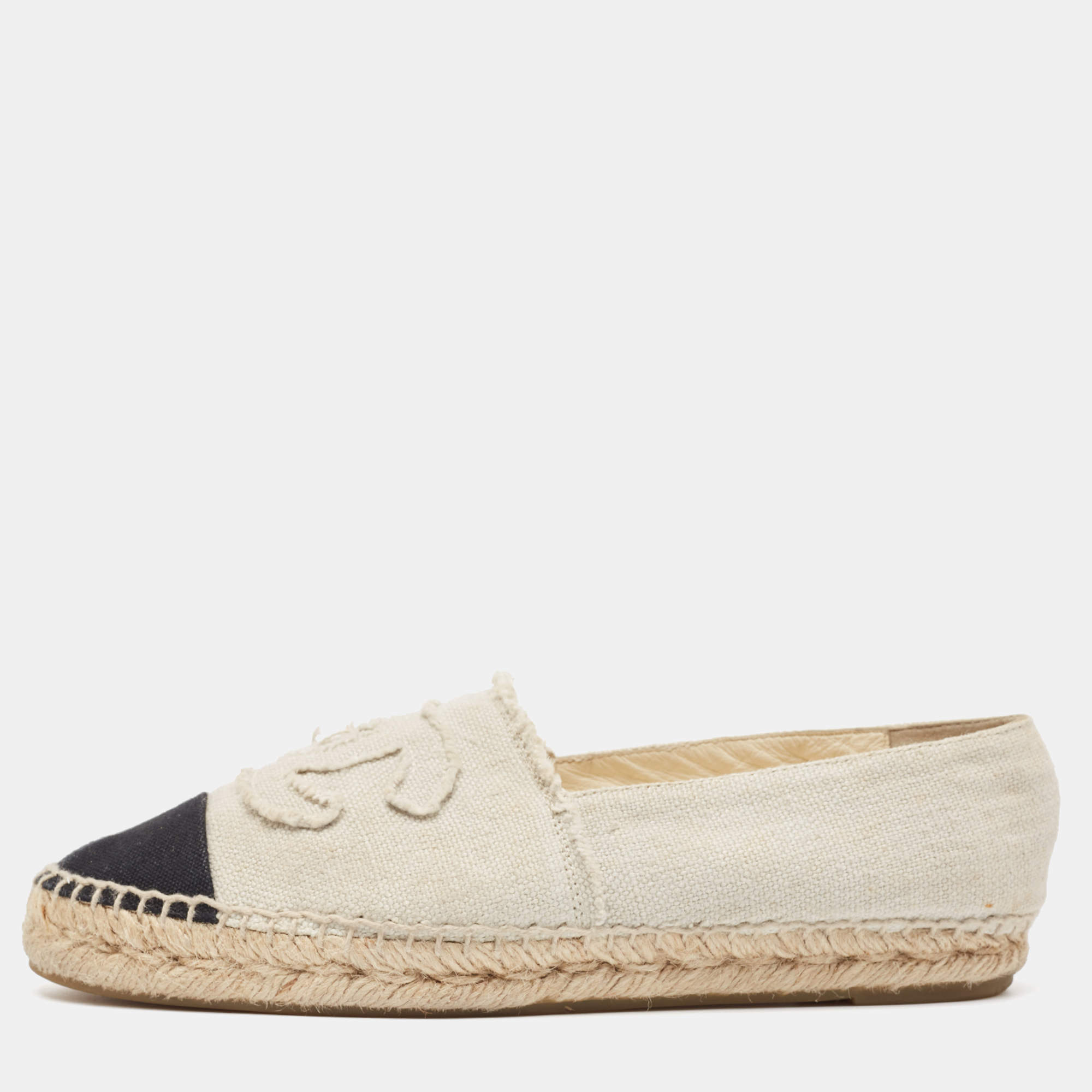Pre Owned Chanel Grey/Black Canvas CC Cap Toe Espadrille Flats Size 40