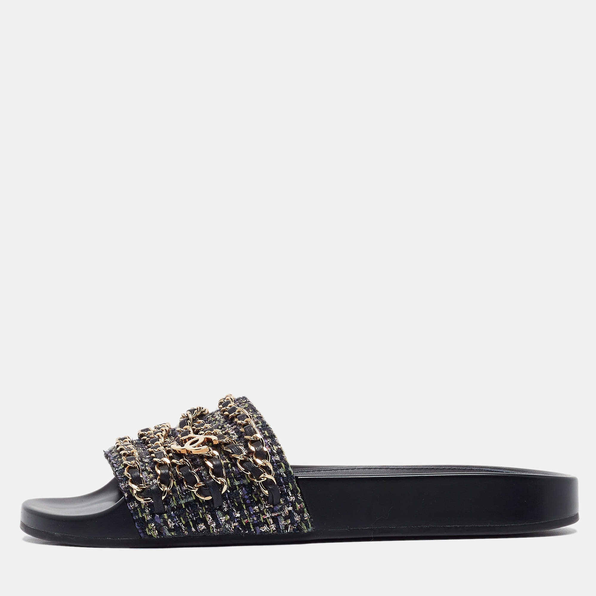 Pre Owned Chanel Navy Blue Tweed Tropiconic Chain Flat Slides Size 38
