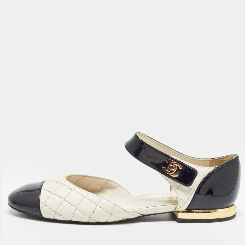Pre Owned Chanel White/Black Quilted Leather and Patent CC Ankle Strap Flats Size 36.5