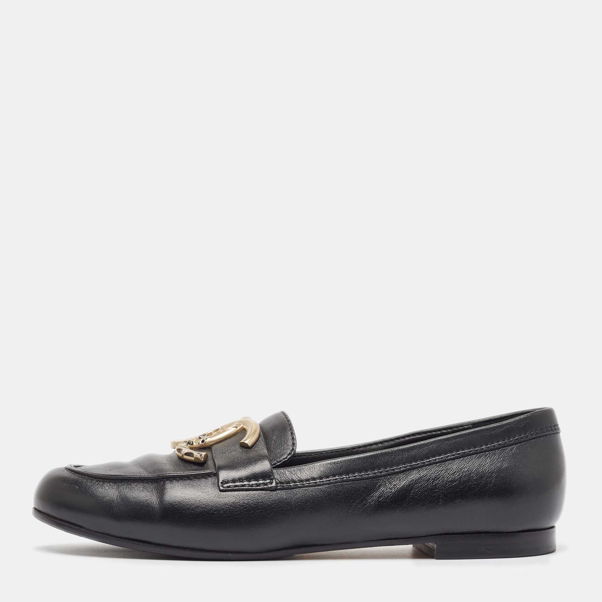 Chanel Black Leather CC Loafers Size 38.5