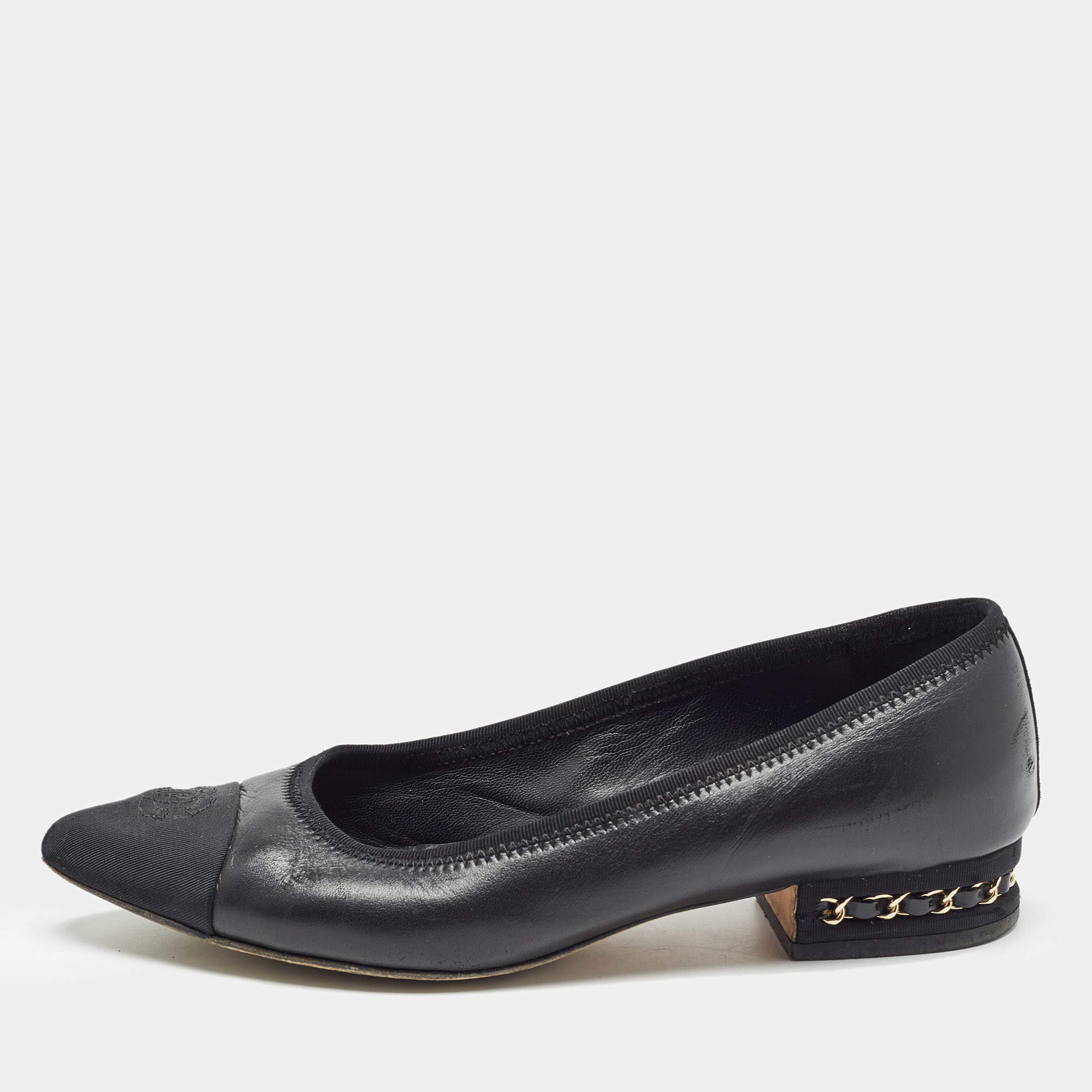 Pre Owned Chanel Black Leather and CC Canvas Chain Link Detail Ballet Flats Size 37