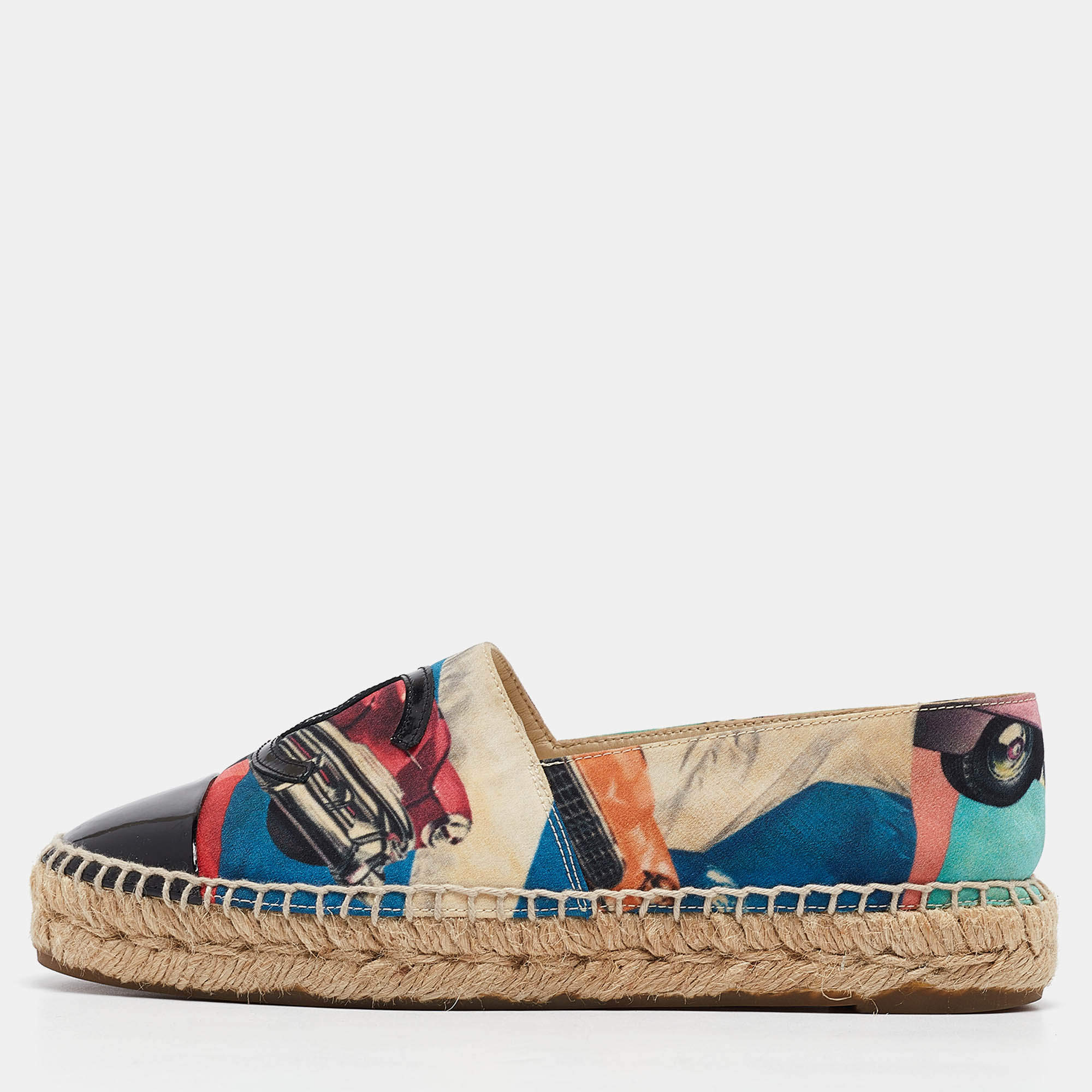 Pre Owned Chanel Multicolor Printed Fabric and Patent Leather CC Espadrille Flats Size 36