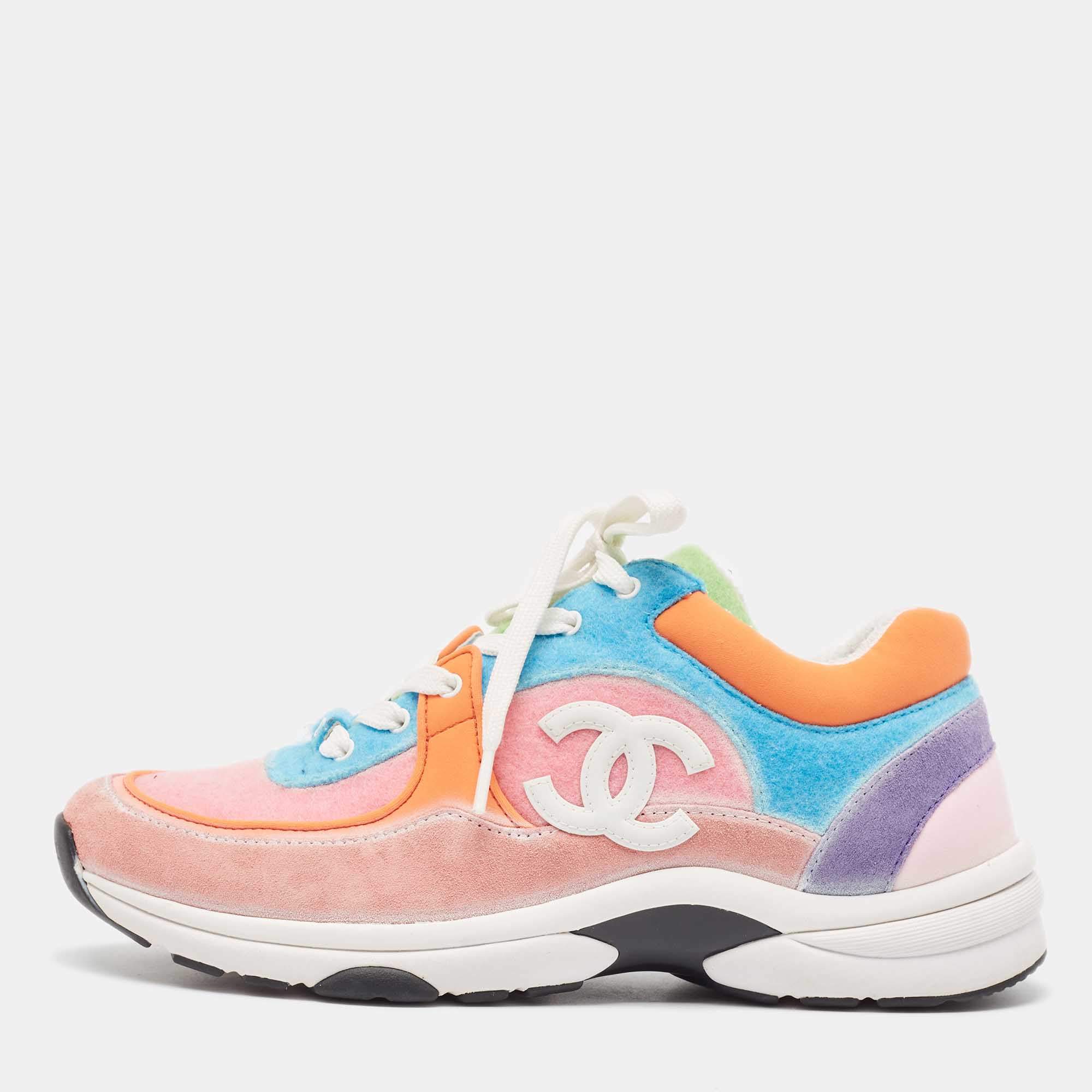 Pre Owned Chanel Multicolor Suede and Felt CC Low Top Sneakers Size 39.5