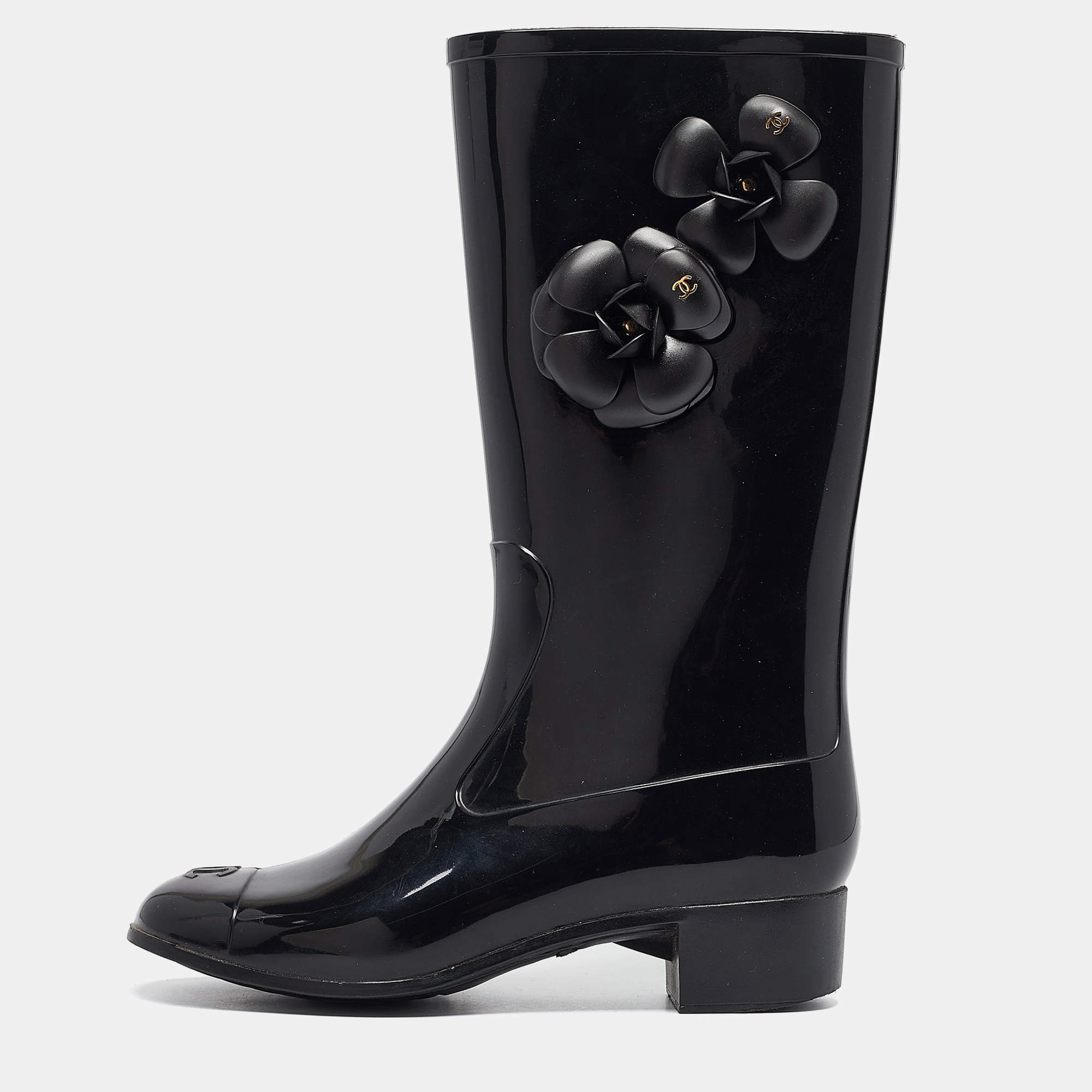 Chanel Black Rubber CC Camellia Rain Boots Size 38