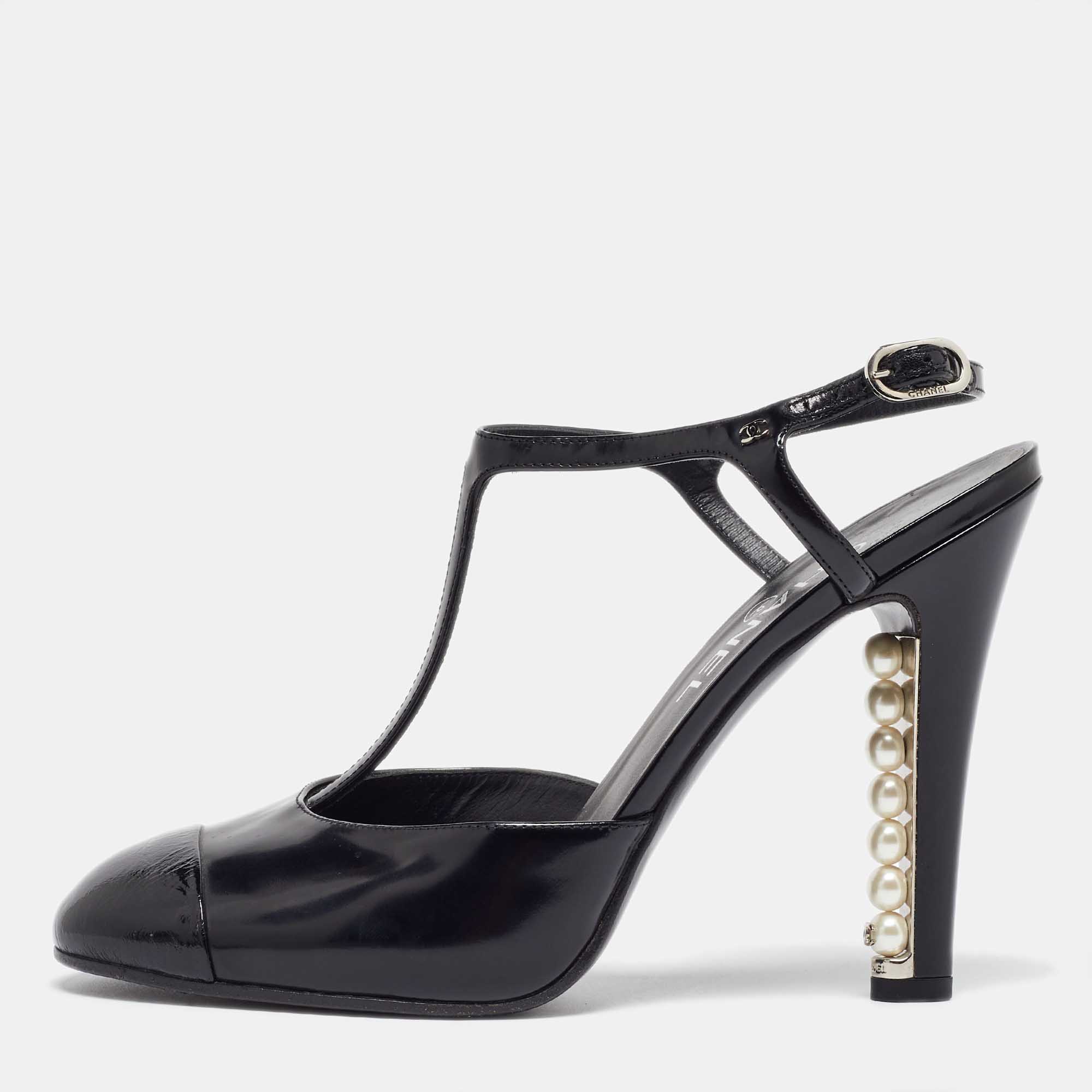 Chanel Black Patent Leather Pearl Embellished Heel T-Strap Sandals Size 39.5