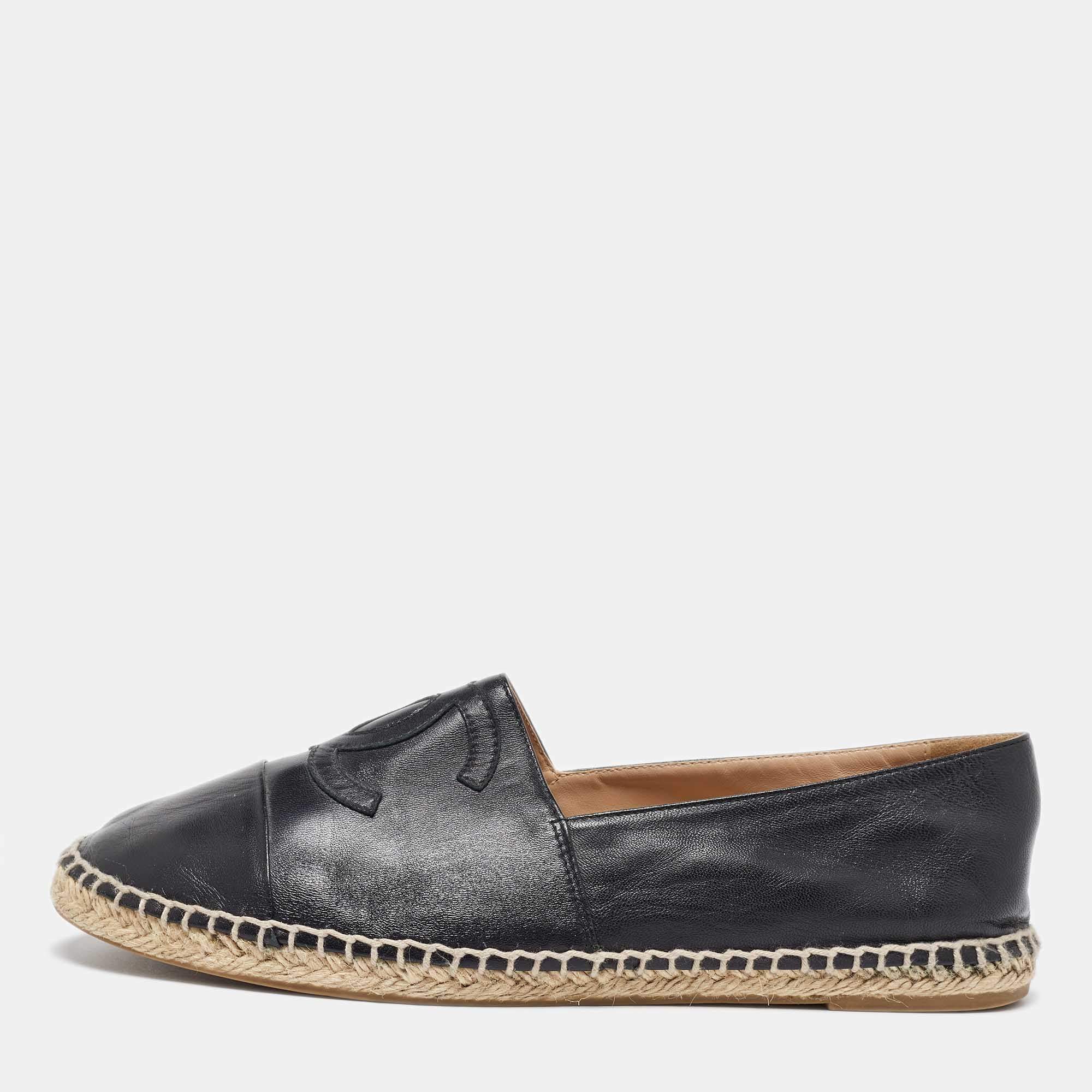 Pre Owned Chanel Black Leather CC  Cap Toe Espadrille Flats Size 39