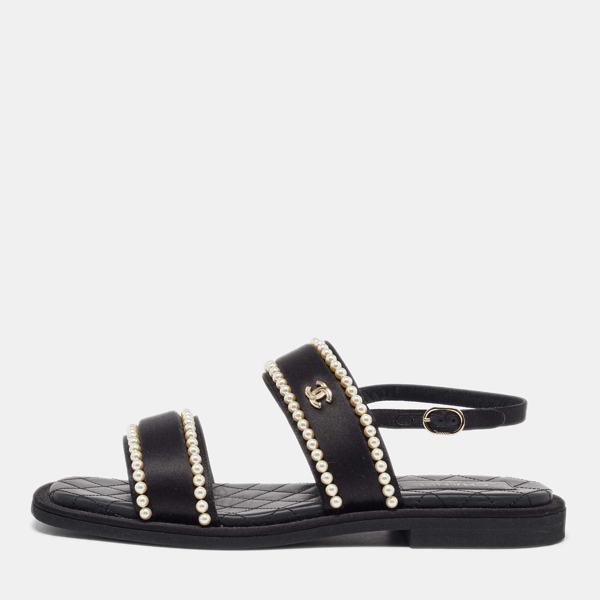 Chanel Black Satin Faux Pearl Embellished Flat Sandals Size 41