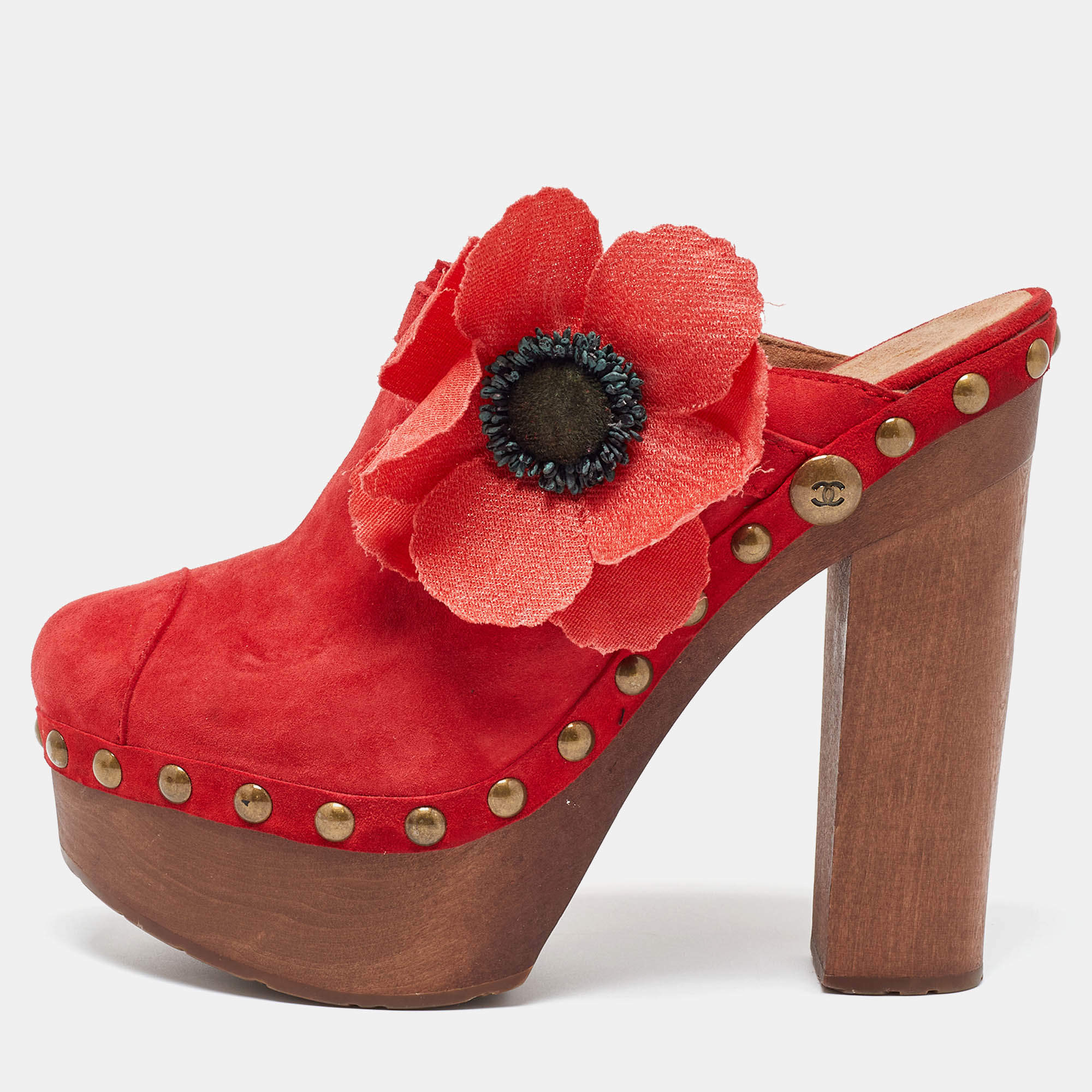 Chanel Red Suede Studded Wood Platform Block Heel Clogs Size 38.5