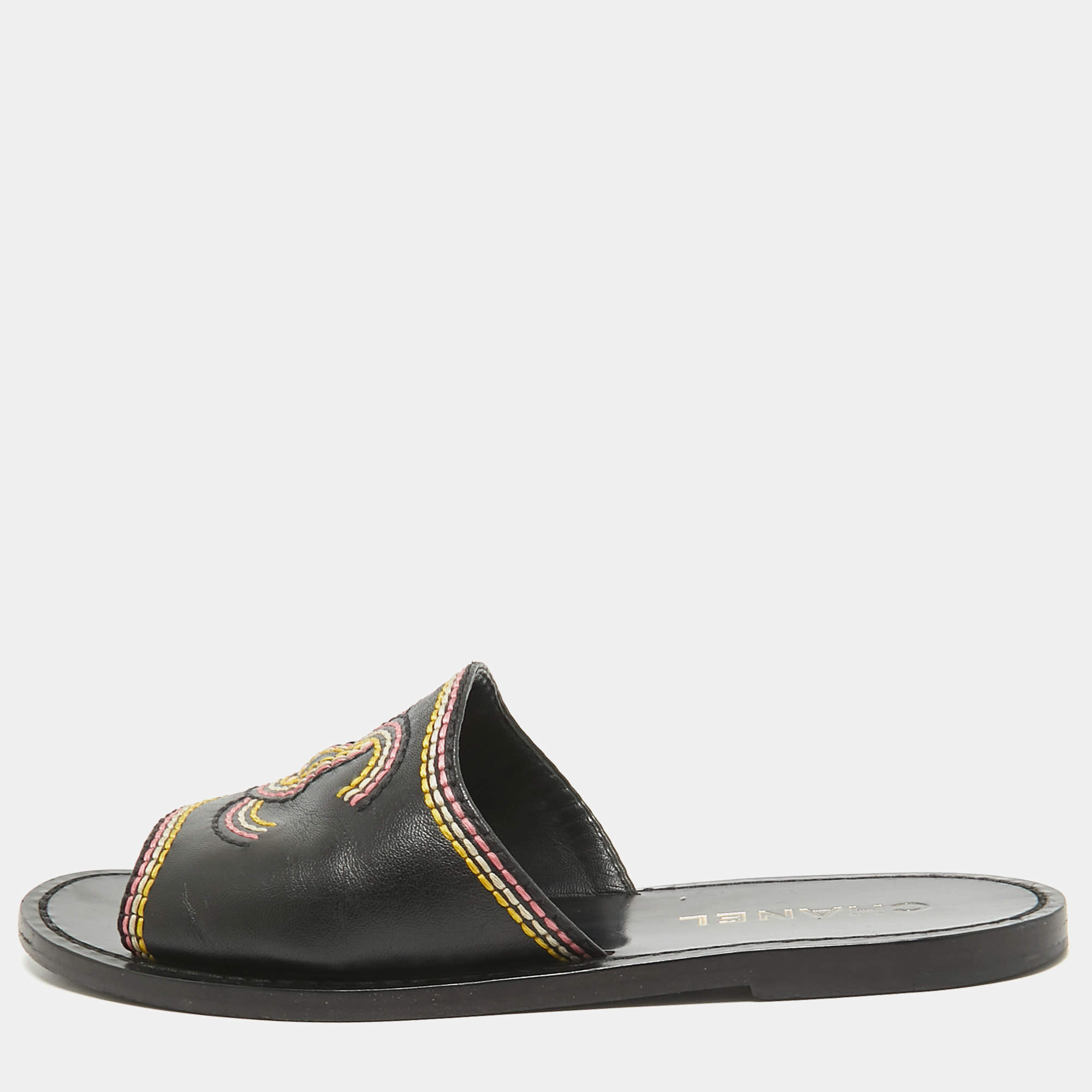 Pre Owned Chanel Black Leather Embroidered CC Flat Slides Size 36