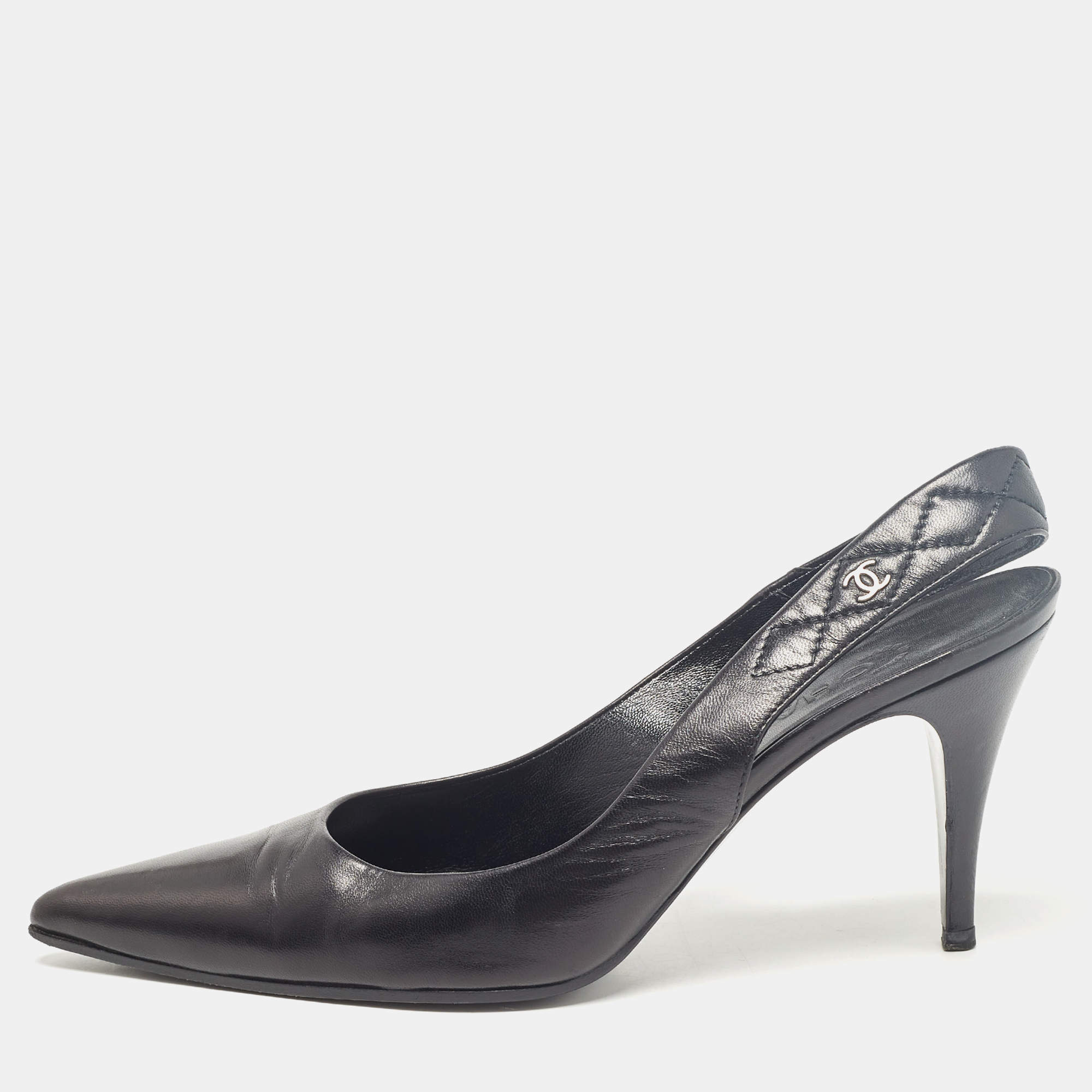 Pre Owned Chanel Black Leather CC Slingback Pumps Size 39