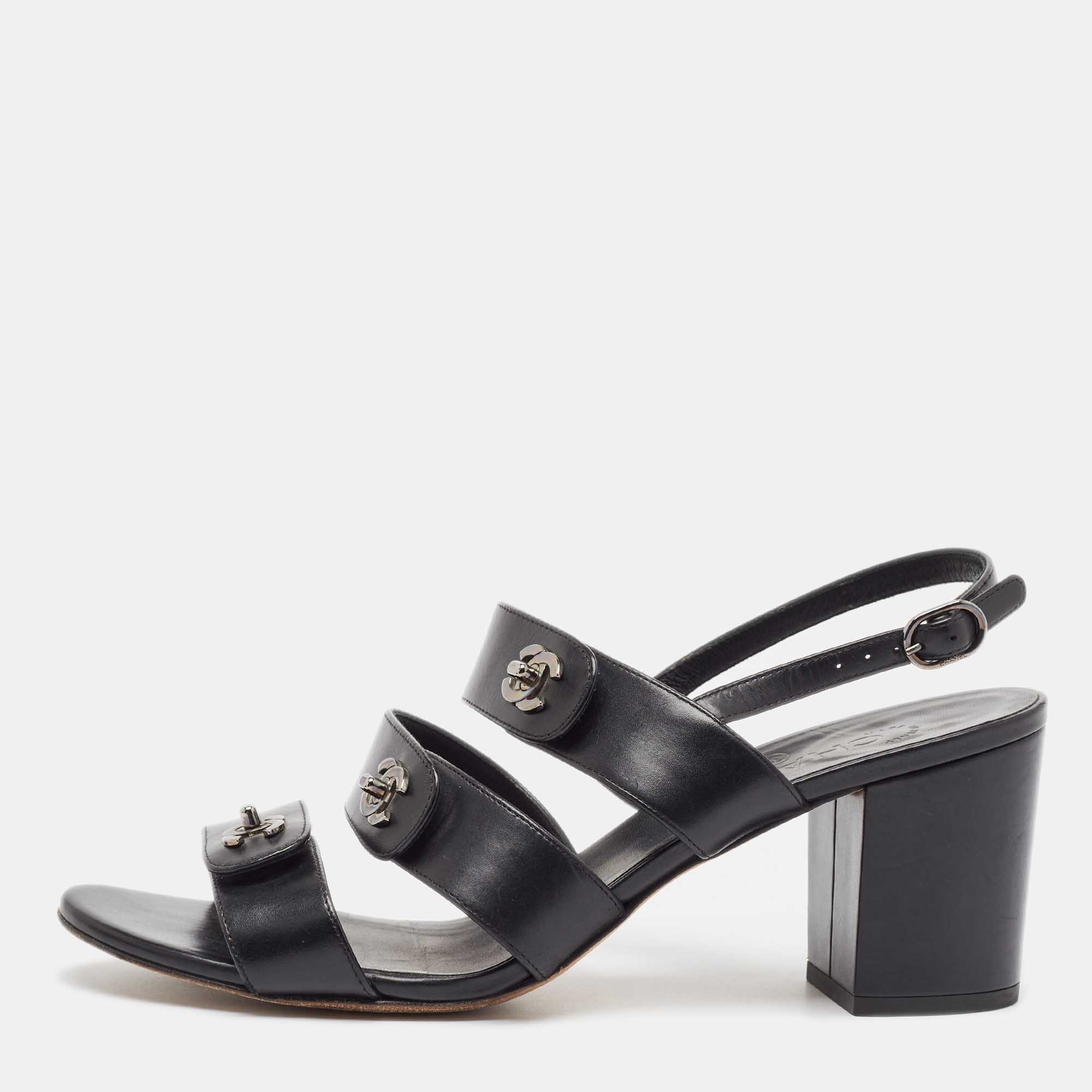 Pre Owned Chanel Black Leather Ankle Strap Sandals Size 40.5