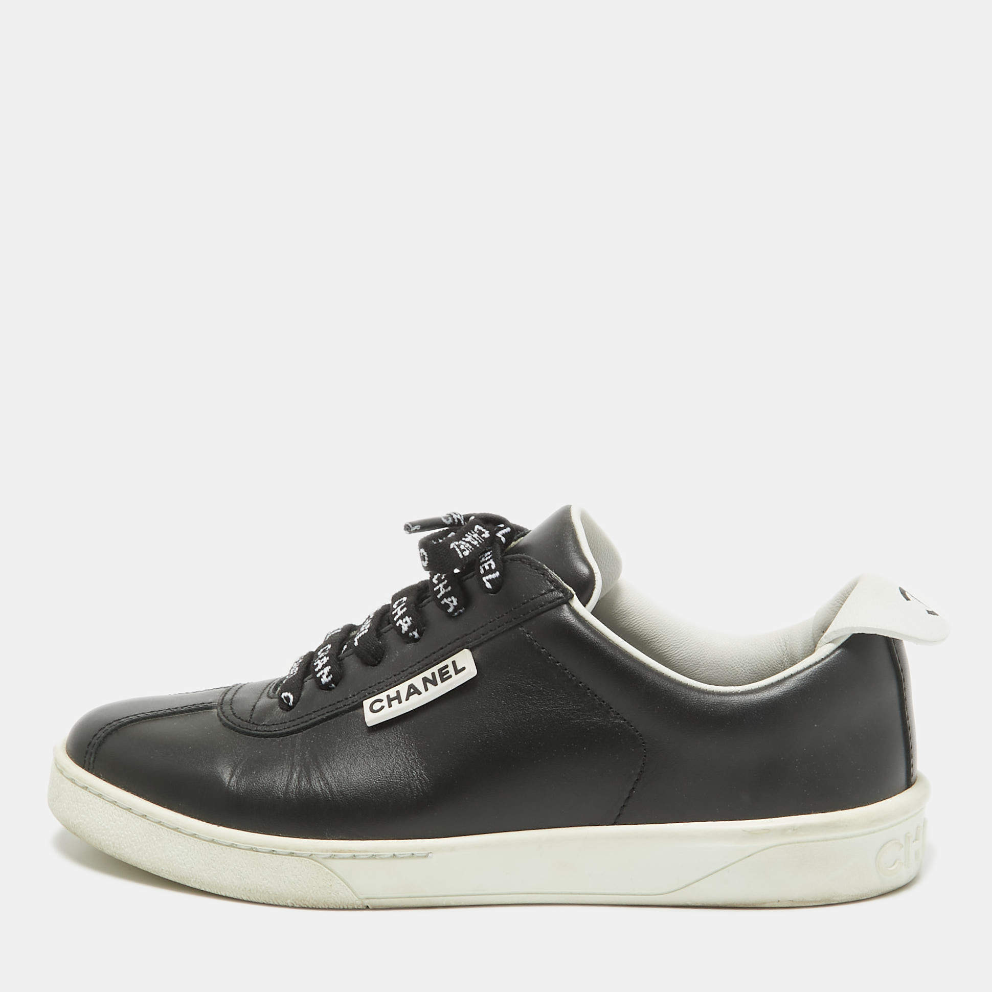 Pre Owned Chanel Black Leather Weekender Lace Up Sneakers Size 36