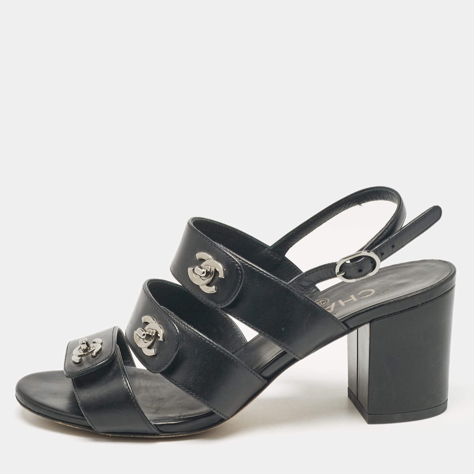 Pre Owned Chanel Black Leather Ankle Strap Sandals Size 37