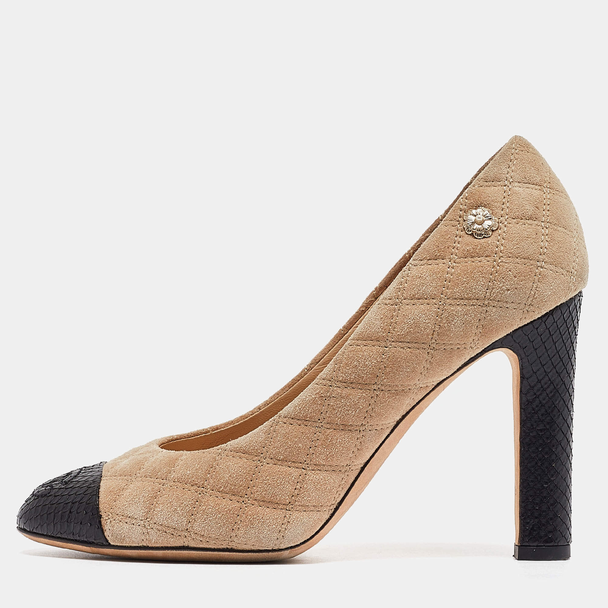 Chanel Beige/Black Suede and Snakeskin Cap Toe Pumps Size 35