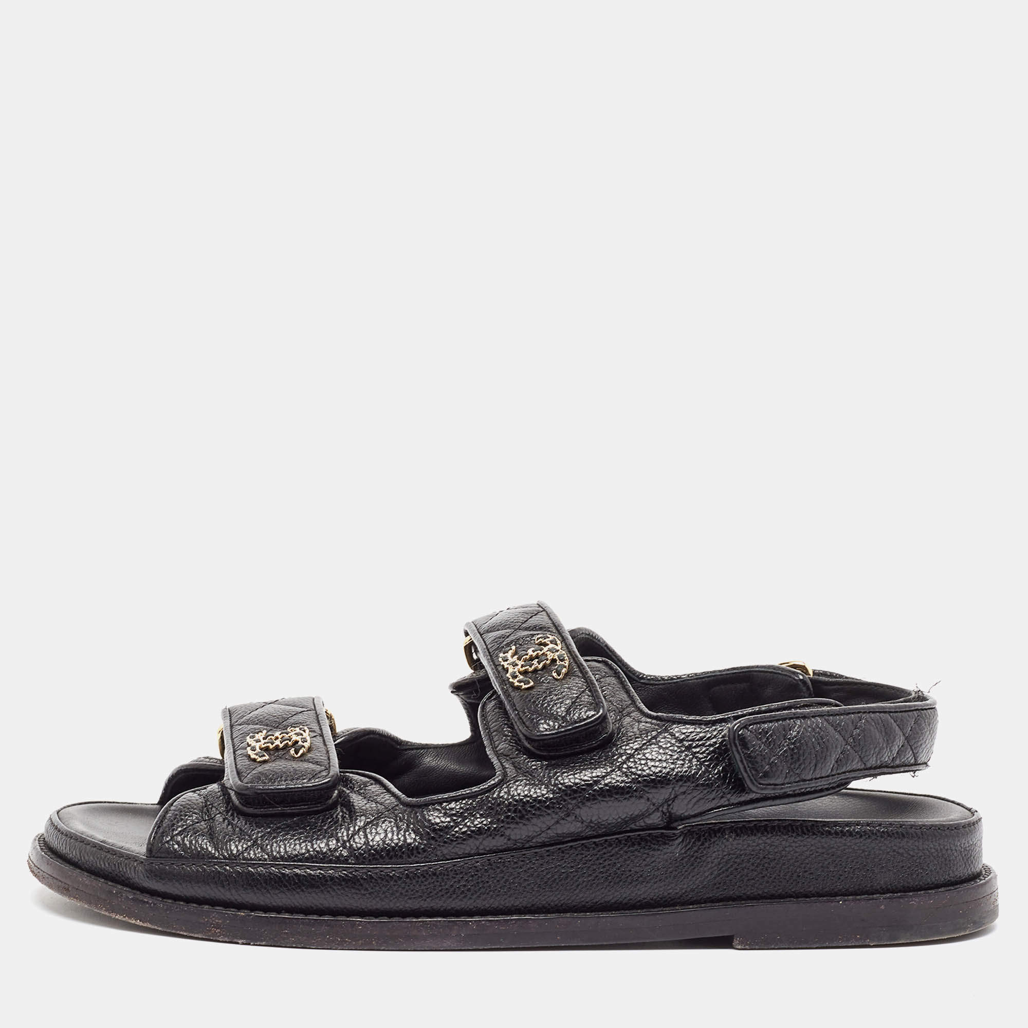 Pre Owned Chanel Black Leather Dad Slingback Sandals Size 40