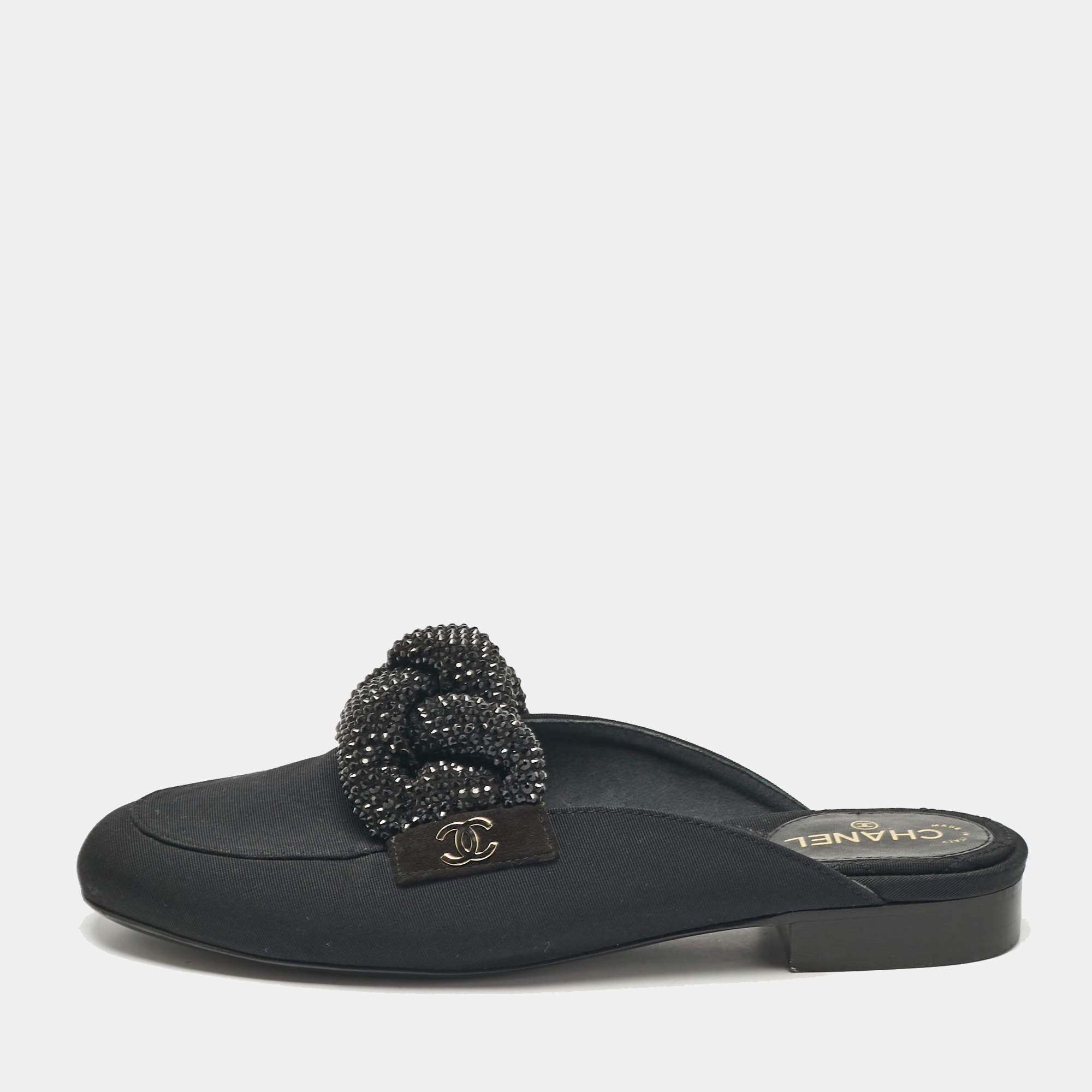 Pre Owned Chanel Black Fabric Crystal Embellished Braid Detail CC Mules Size 36.5