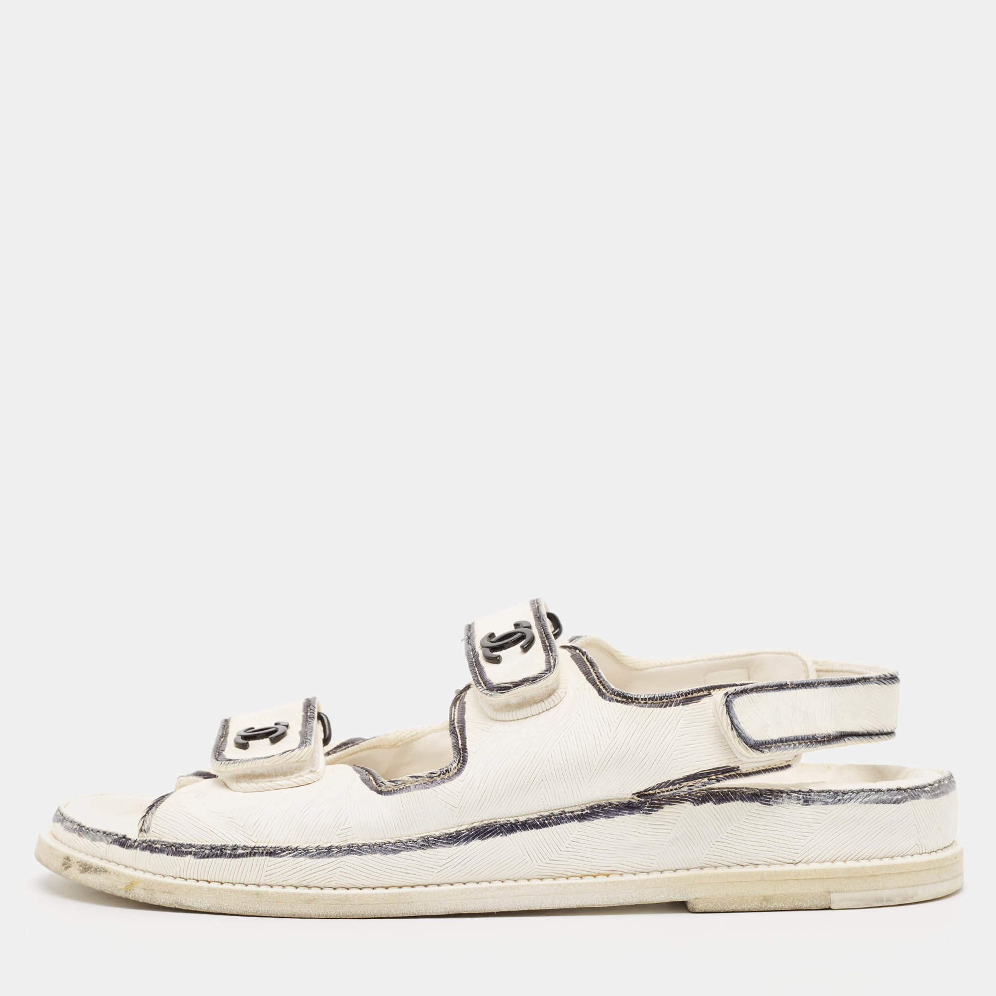 Pre Owned Chanel White/Black Leather Dad Slingback Sandals Size 40