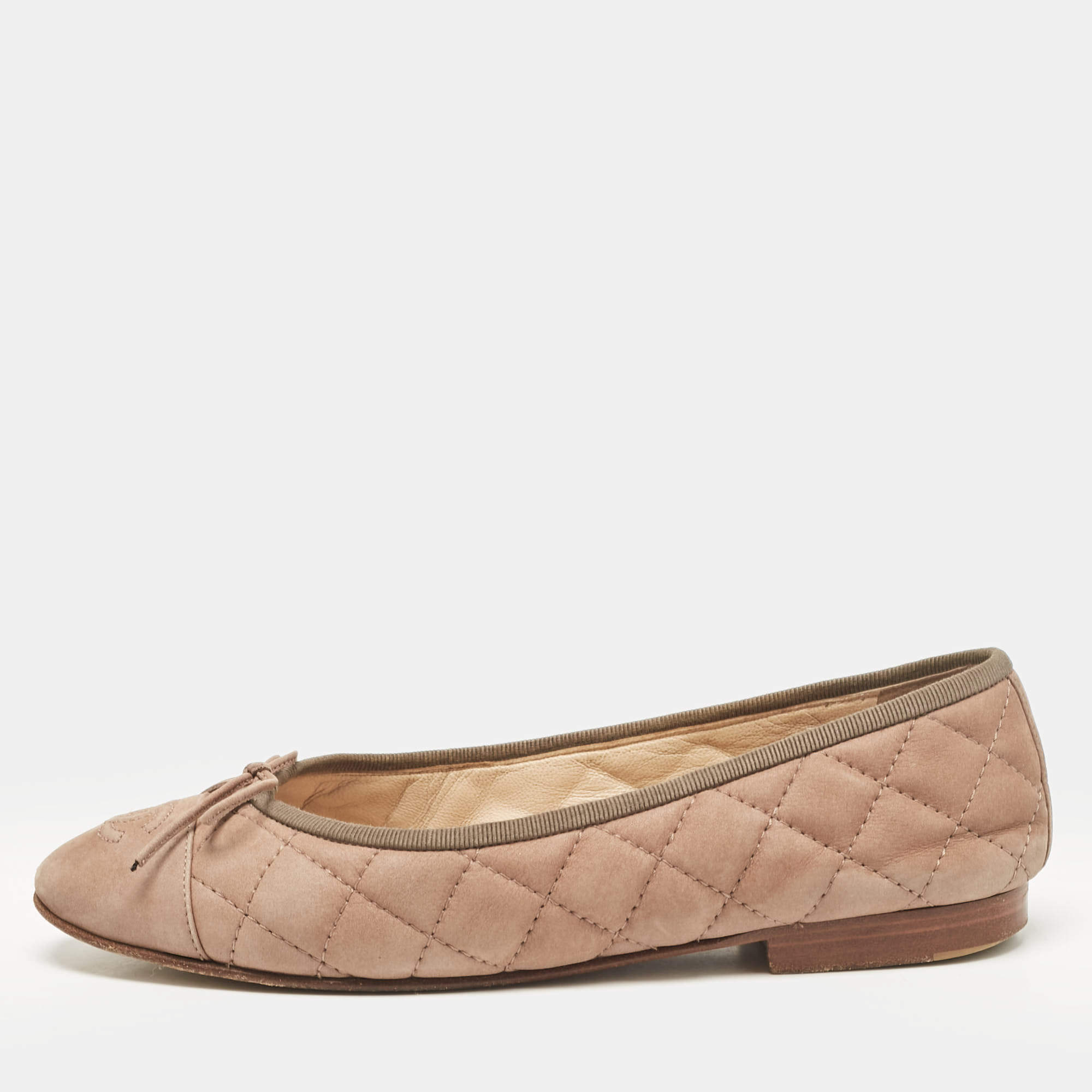 Chanel Brown Quilted Nubuck CC Bow Ballet Flats Size 37