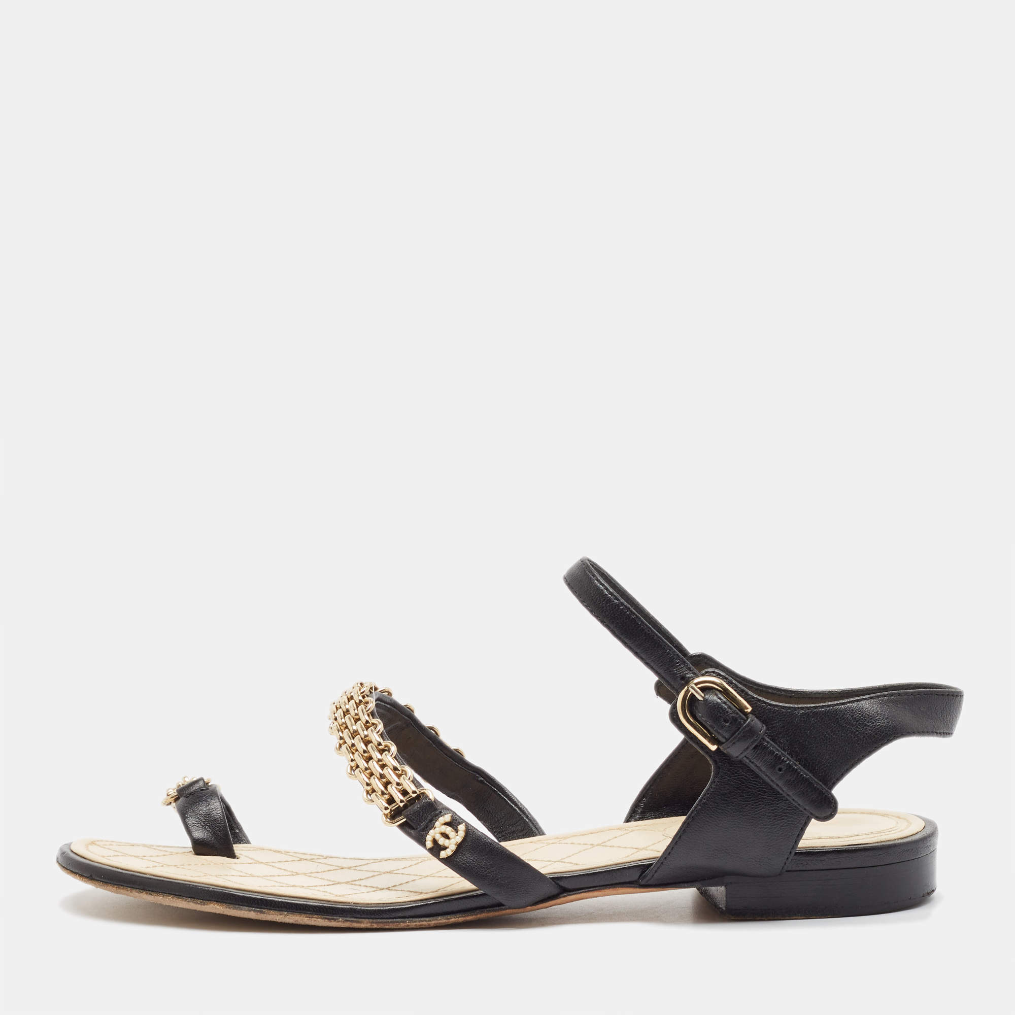 Pre Owned Chanel Black Leather CC Chain Detail Ankle Strap Flat Sandals Size 40