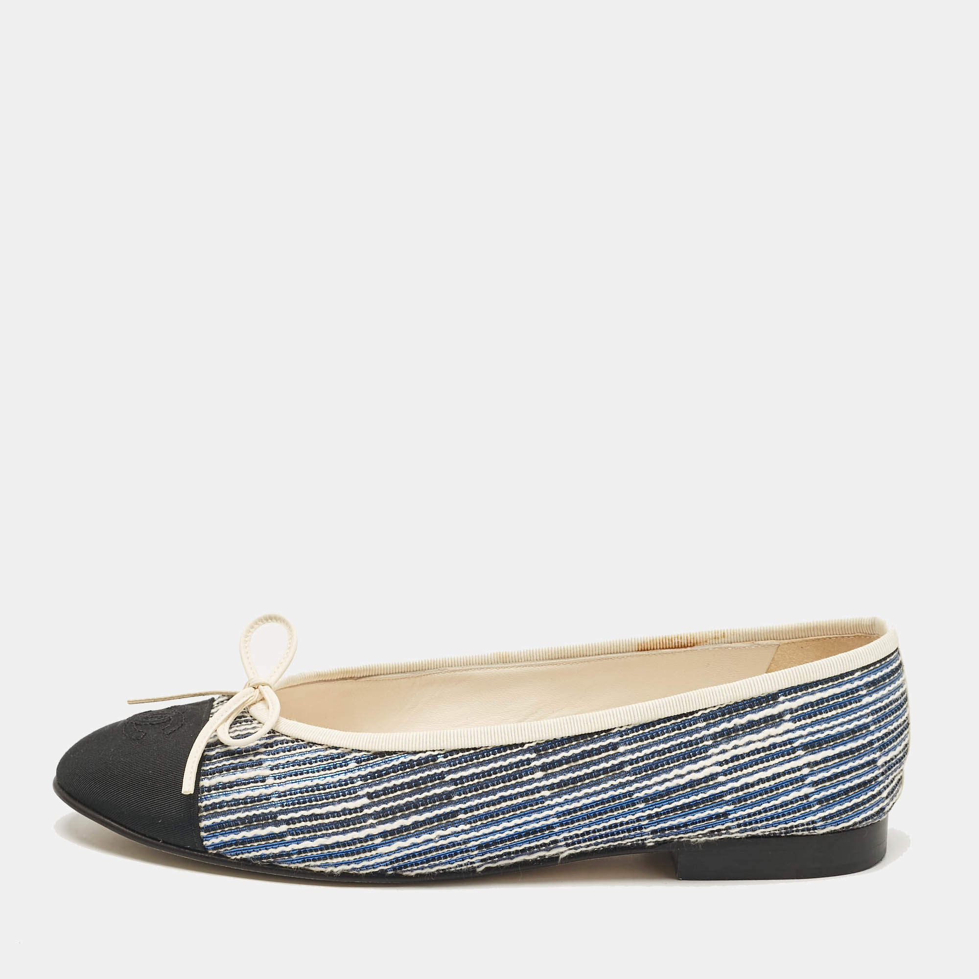 Pre Owned Chanel Multicolor Tweed and Grosgrain CC Bow Ballet Flats Size 39.5