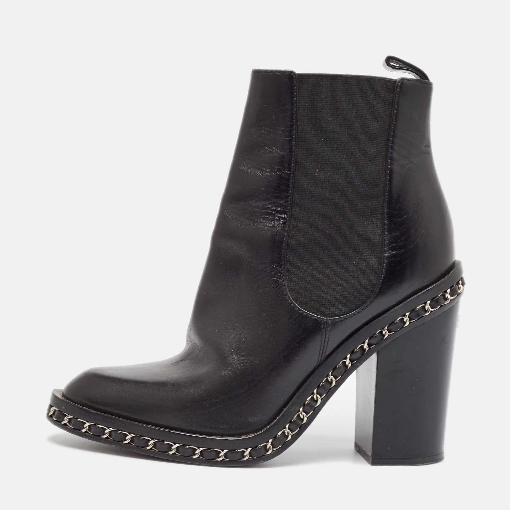 Pre Owned Chanel Black Leather Ankle Length Boots Size 38