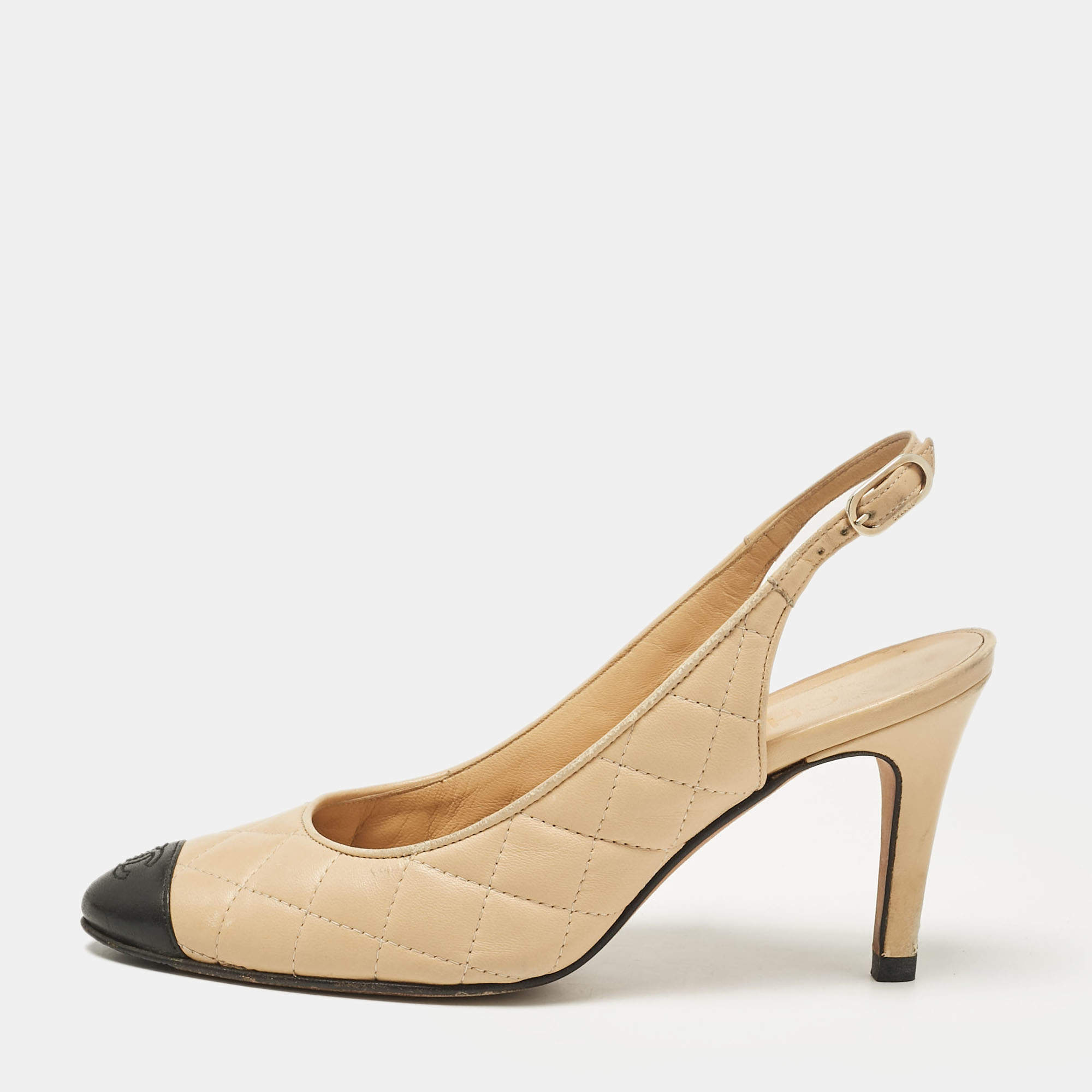Pre Owned Chanel Beige/Black Leather Slingback Pumps Size 37