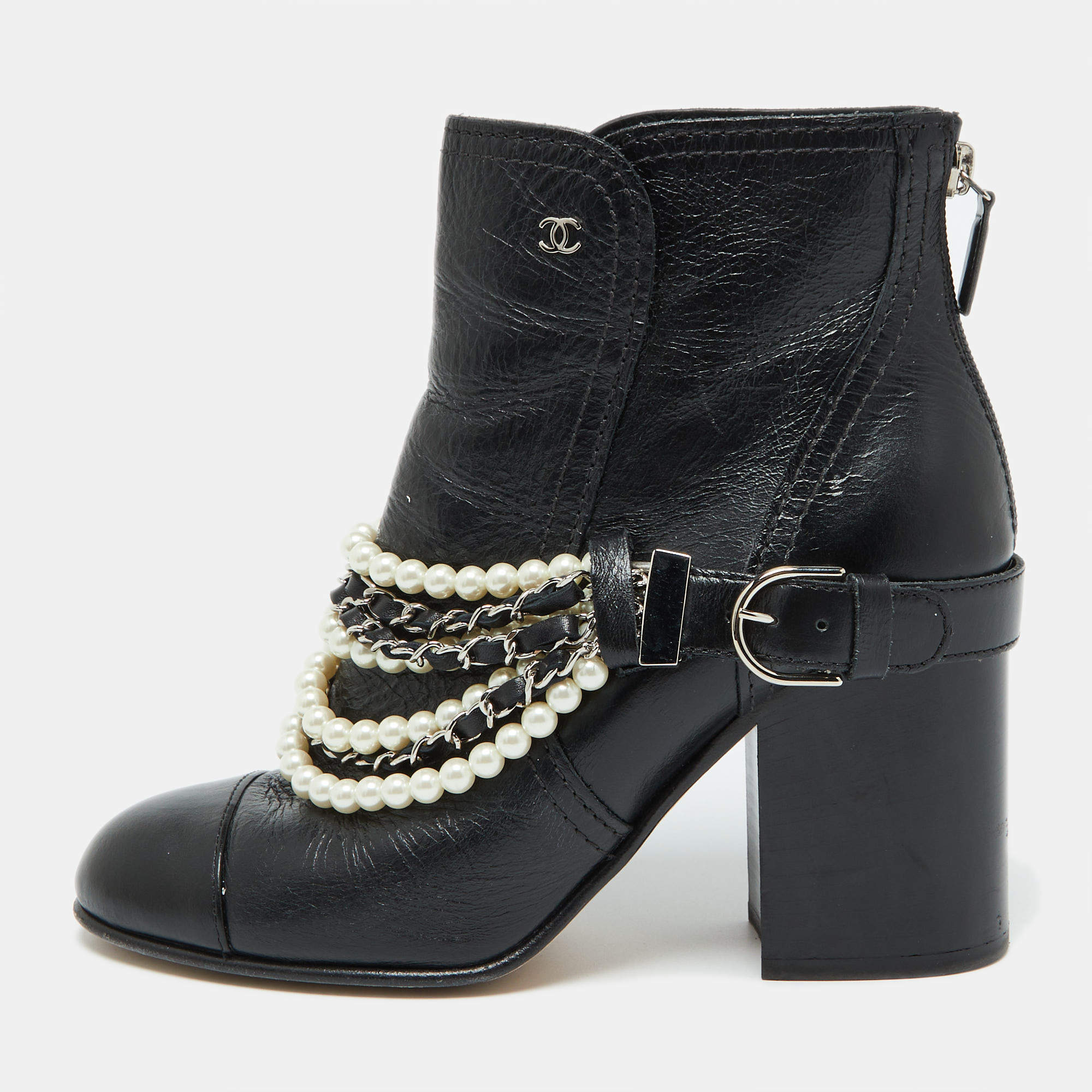Chanel Black Leather Pearl Embellished Ankle Length Boots Size 39