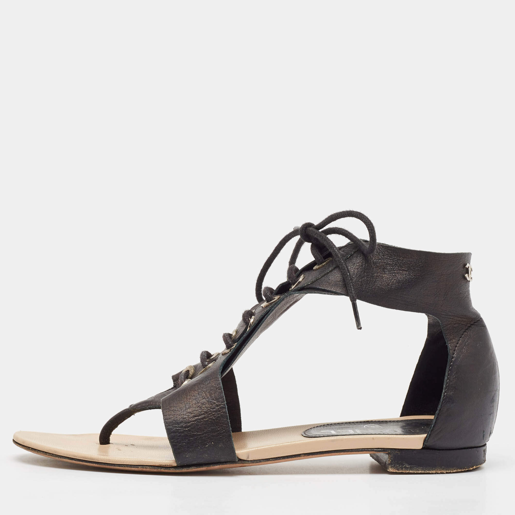 Chanel Black Leather Thong Flat Sandals Size 36