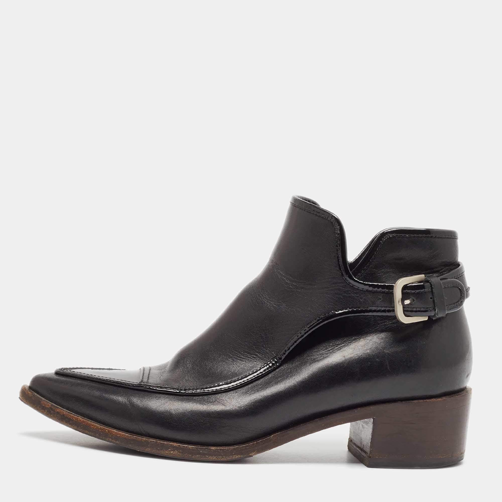 Pre Owned Chanel Black Leather and Patent Ankle Length Boots Size 37.5