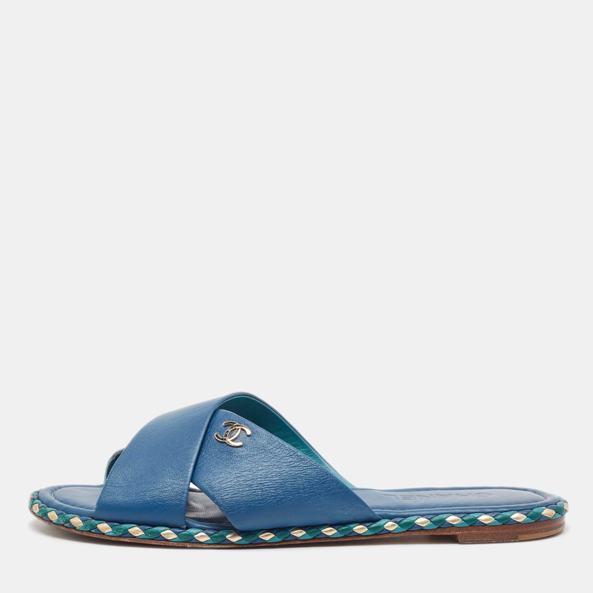 Chanel Navy Blue Leather Flat Sandals Size 42