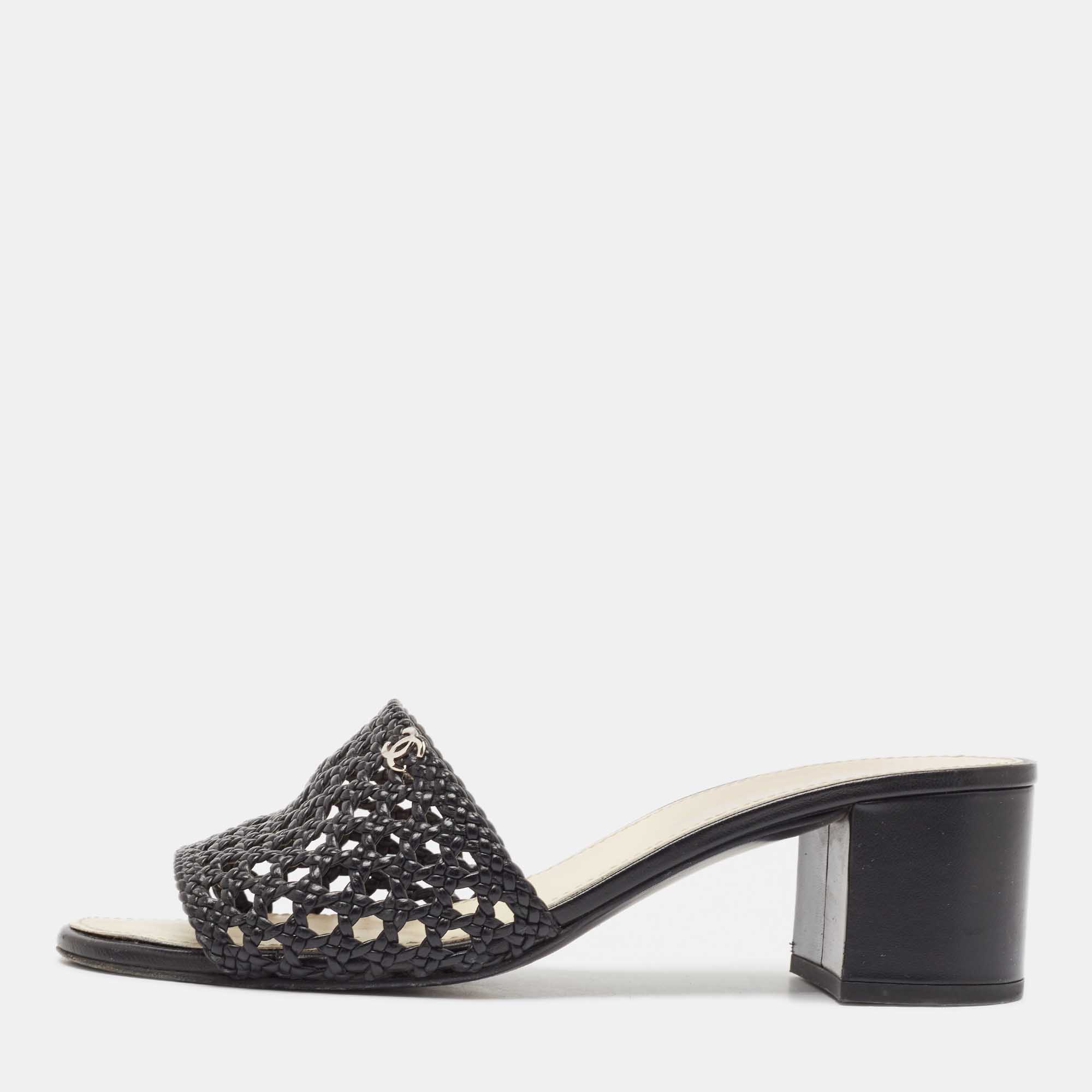 Chanel Black Woven Leather Slide Sandals Size 41