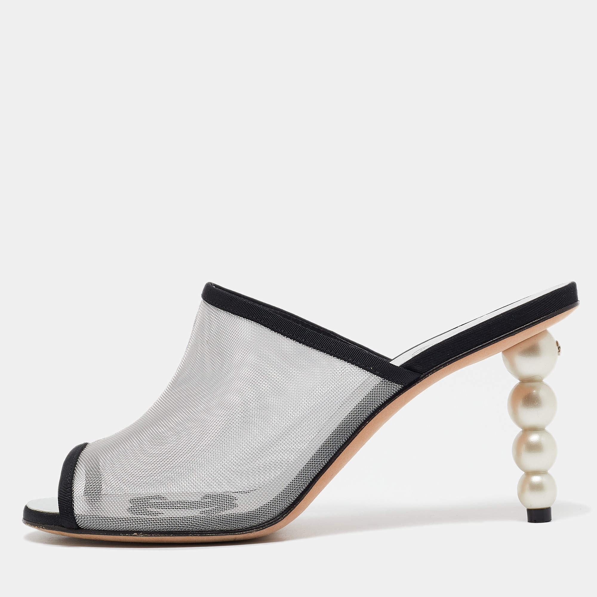 Chanel Silver/Black Canvas and Mesh Slide Sandals Size 38