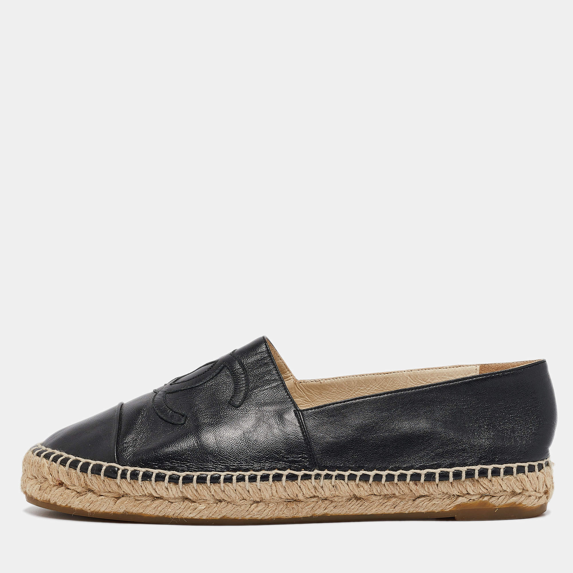 Pre Owned Chanel Black Leather CC Espadrille Flats Size 39