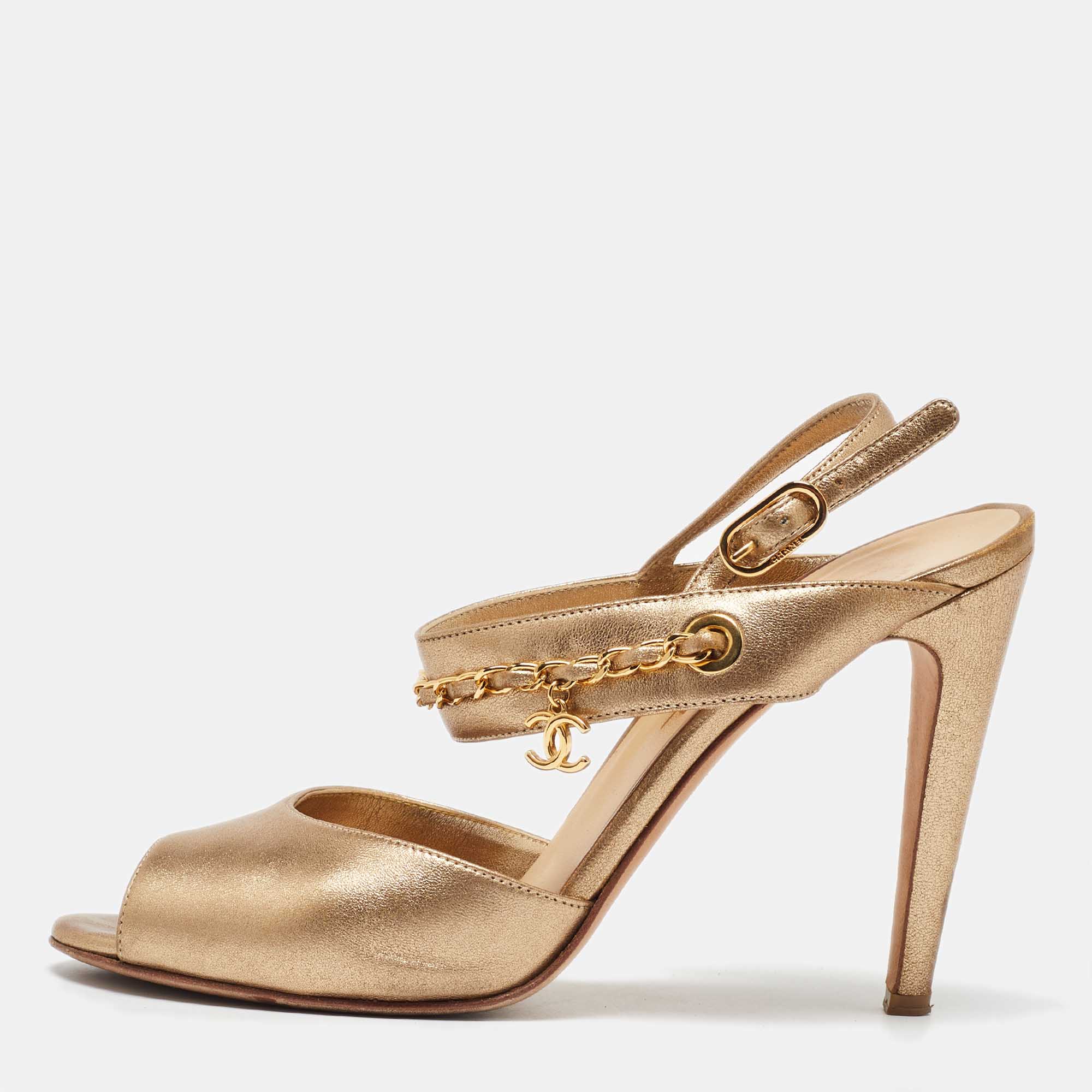 Chanel Gold Leather CC Chain Link Ankle Strap Sandals Size 38.5