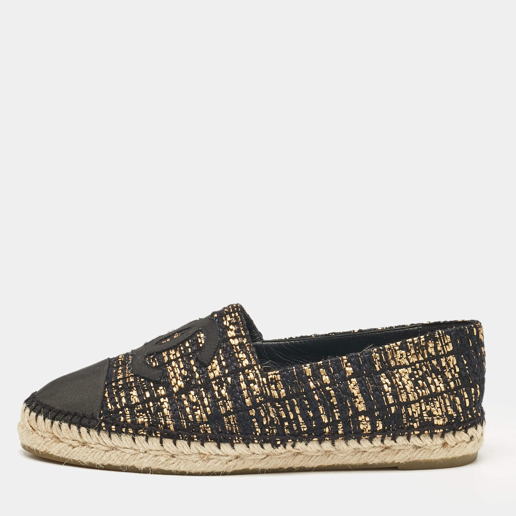 Pre Owned Chanel Multicolor Canvas and Tweed CC Espadrille Flats Size 38