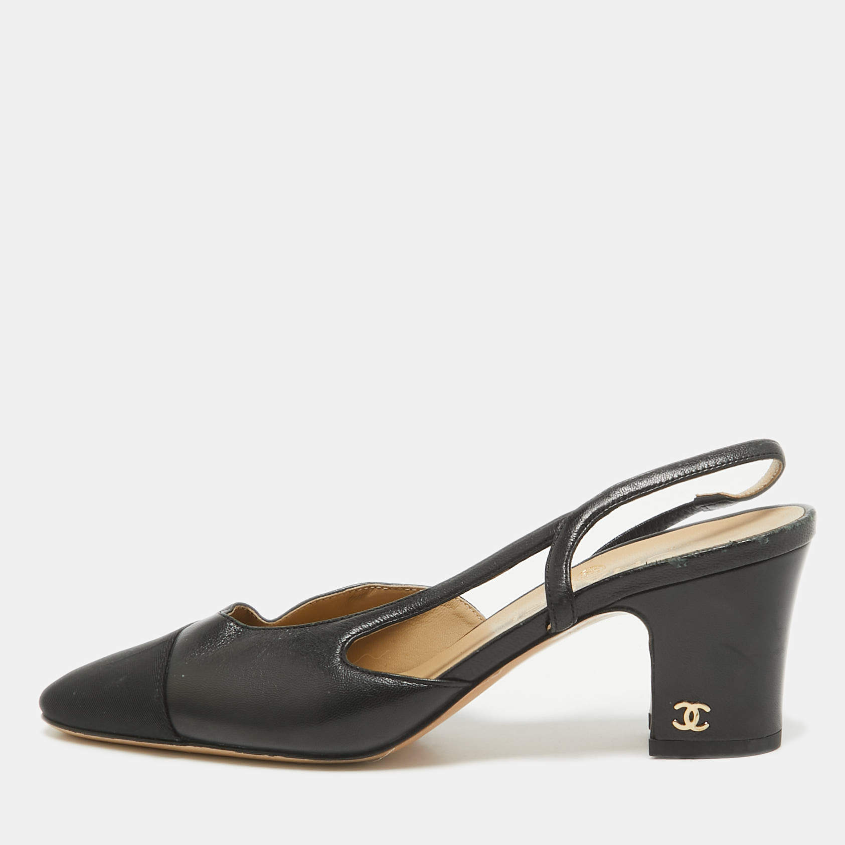 Pre Owned Chanel Black Leather and Canvas CC Slingback D'orsay Pumps Size 37