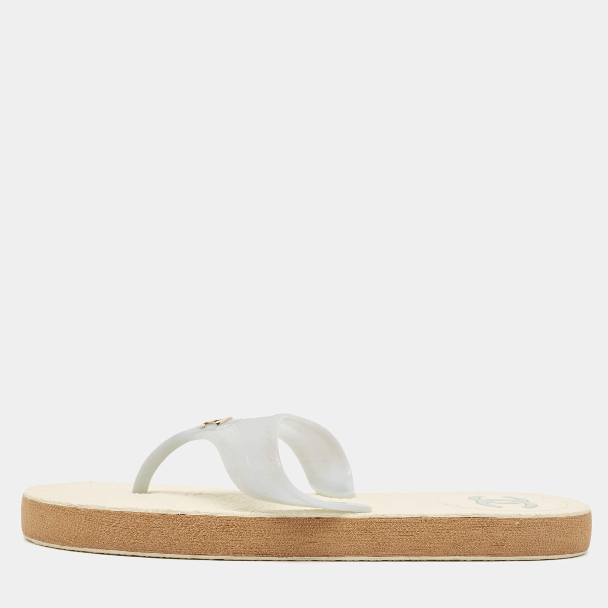 Pre Owned Chanel Blue Rubber CC Thong Flats Size 37