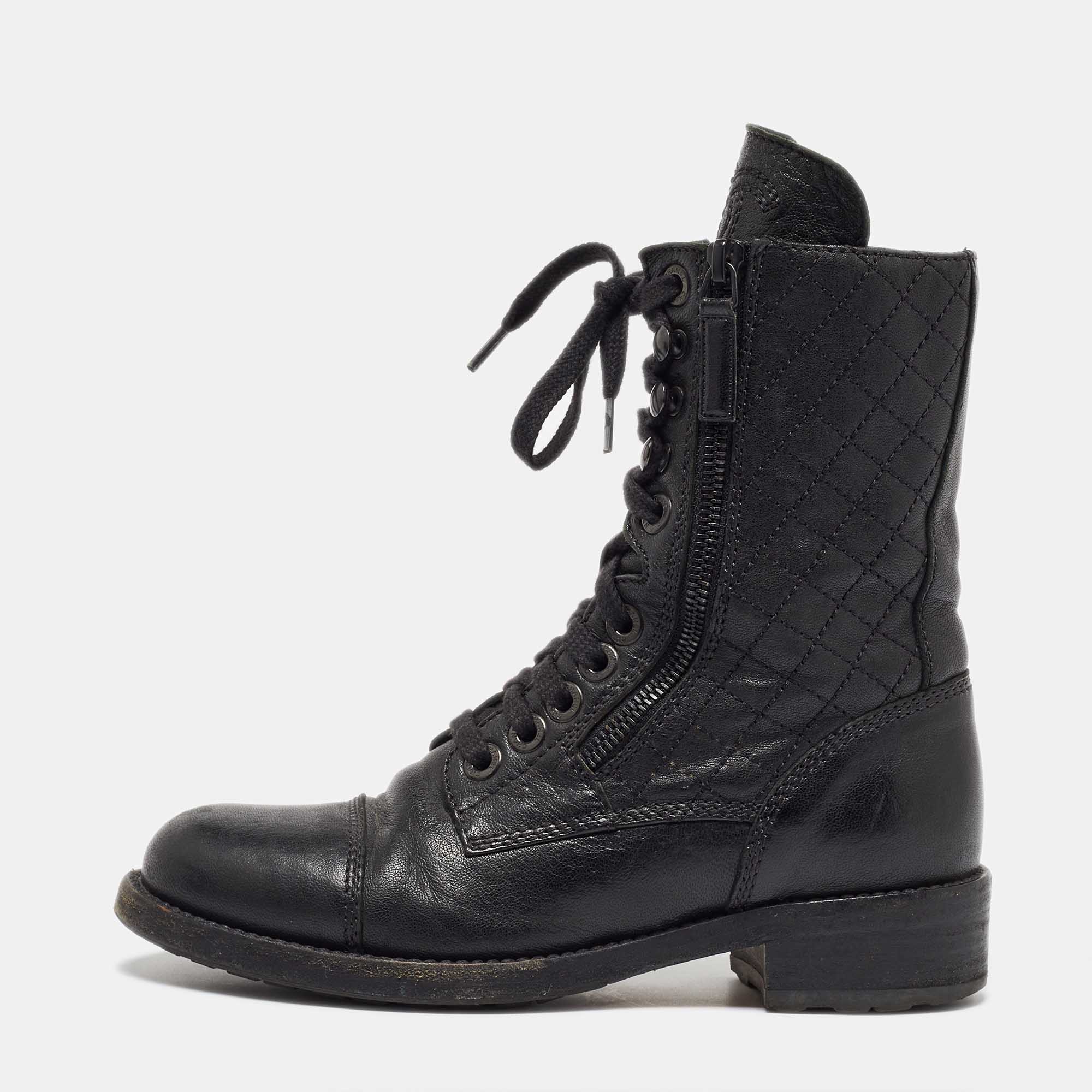 Chanel Black Leather CC Interlocking Ankle Length Boots Size 36.5
