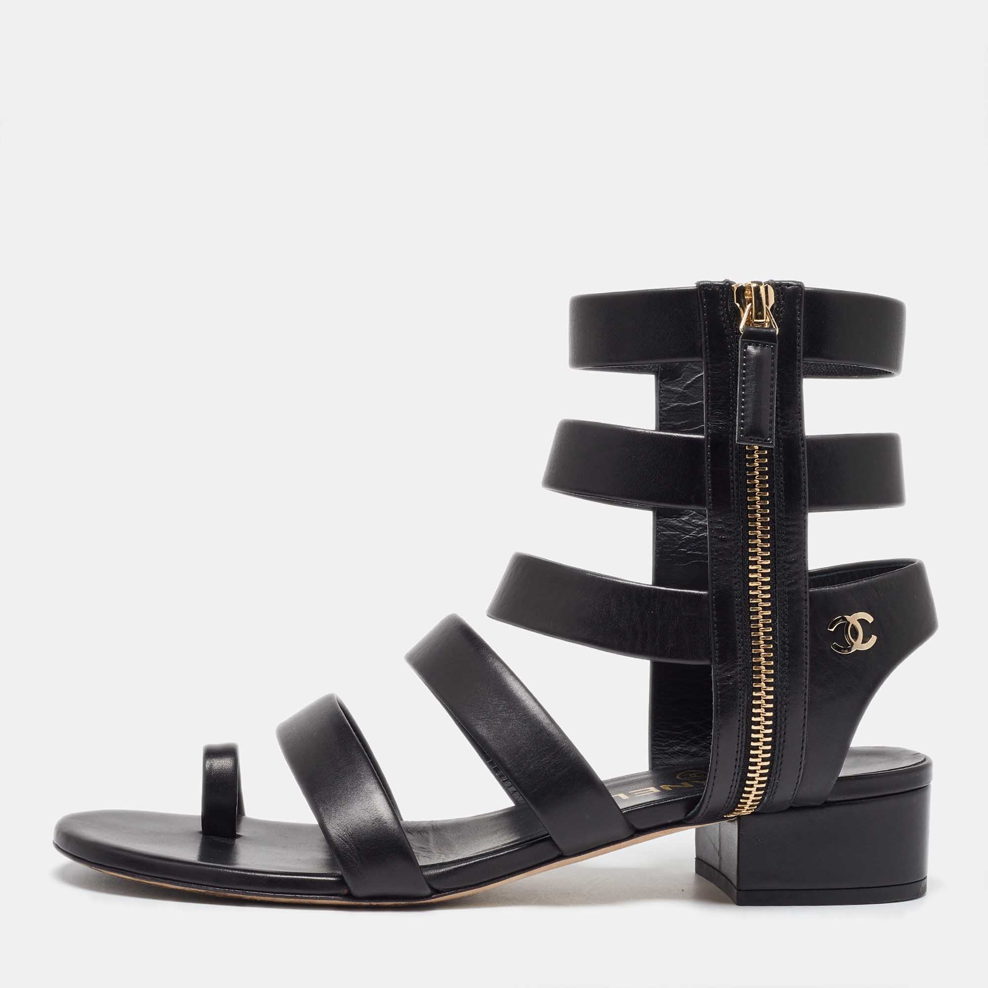 Chanel Black Leather CC Gladiator Flat Sandals Size 39